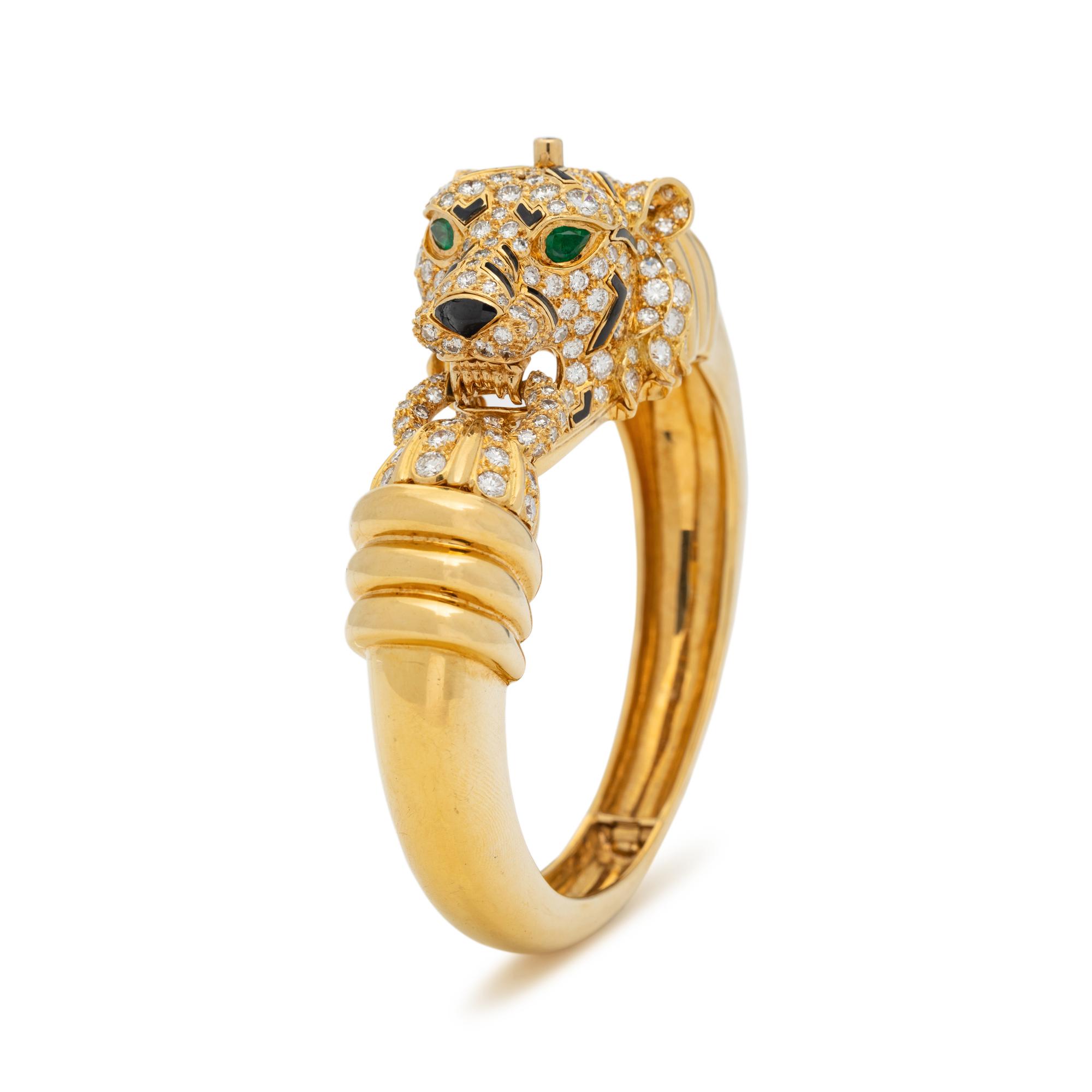 DAVID WEBB, DIAMOND, EMERALD AND ENAMEL TIGER BANGLE BRACELET