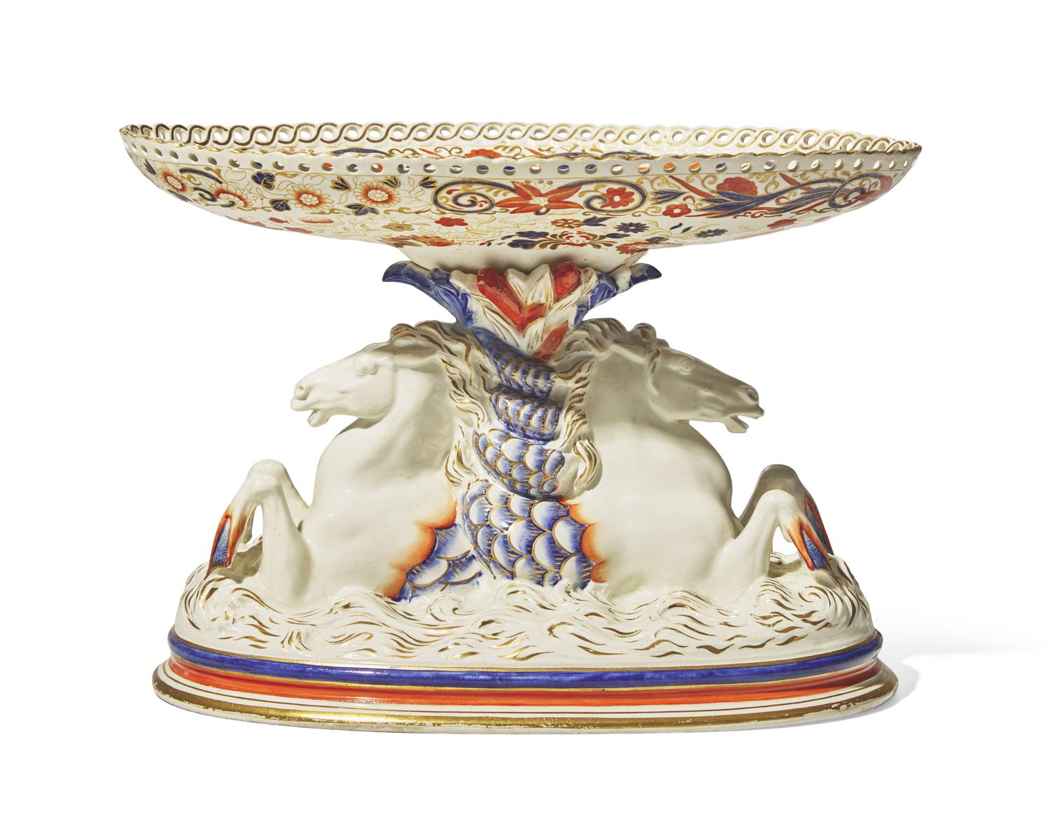 A Wedgwood Imari Palette Reticulated Oval Center Compote with Hippocampi Base