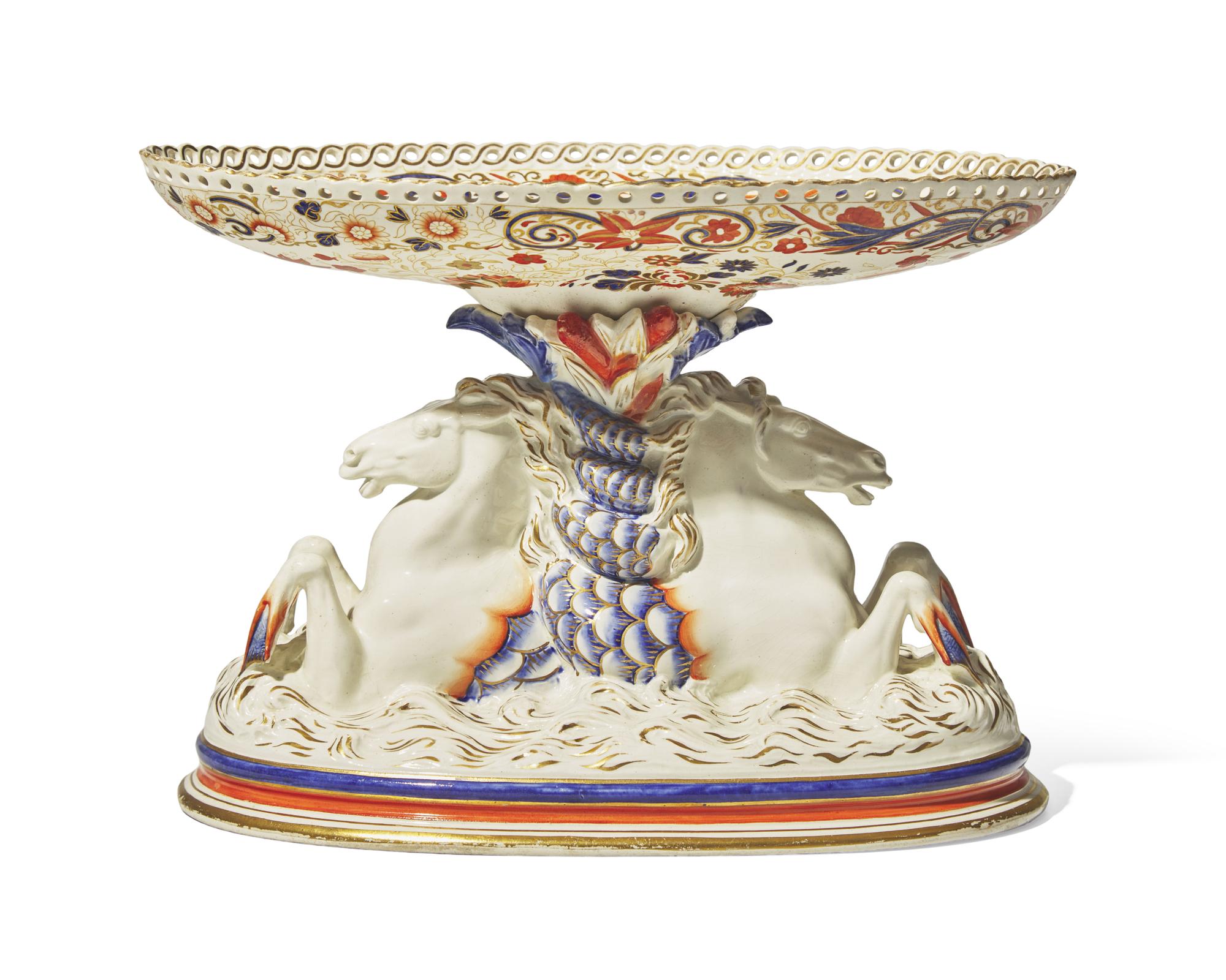 A Wedgwood Imari Palette Reticulated Oval Center Compote with Hippocampi Base