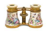 A Pair of French Enameled Opera Glasses, Width 4 1/8 inches.