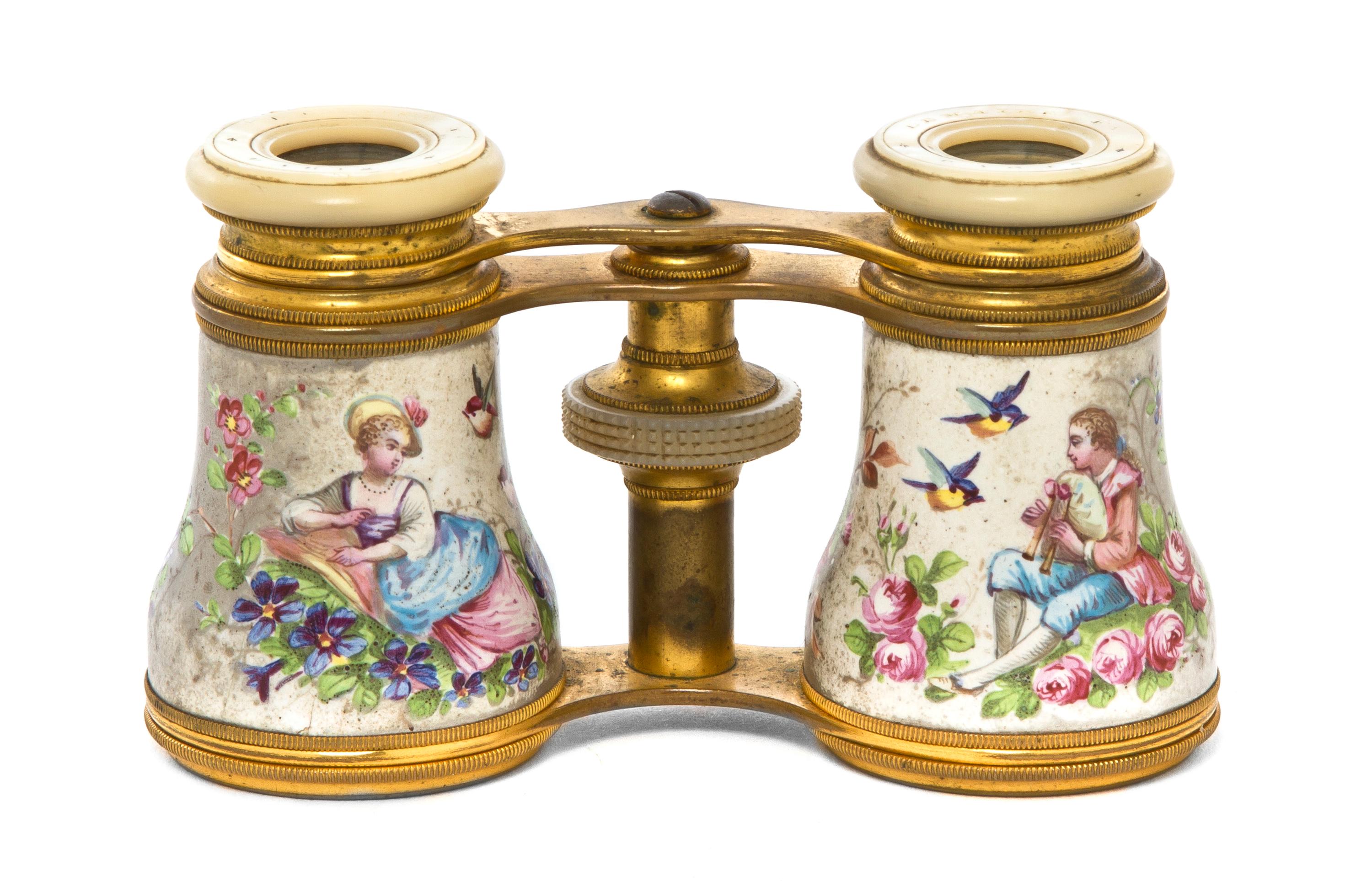 A Pair of French Enameled Opera Glasses, Width 4 1/8 inches.