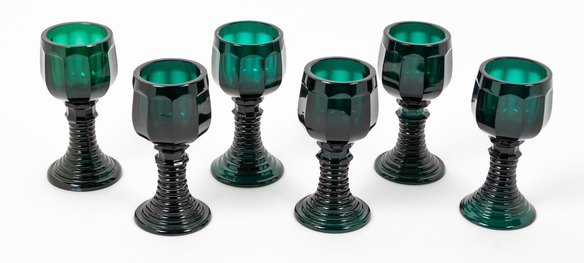 A Set of Six German Glass Goblets Height 5 1/2 inches.