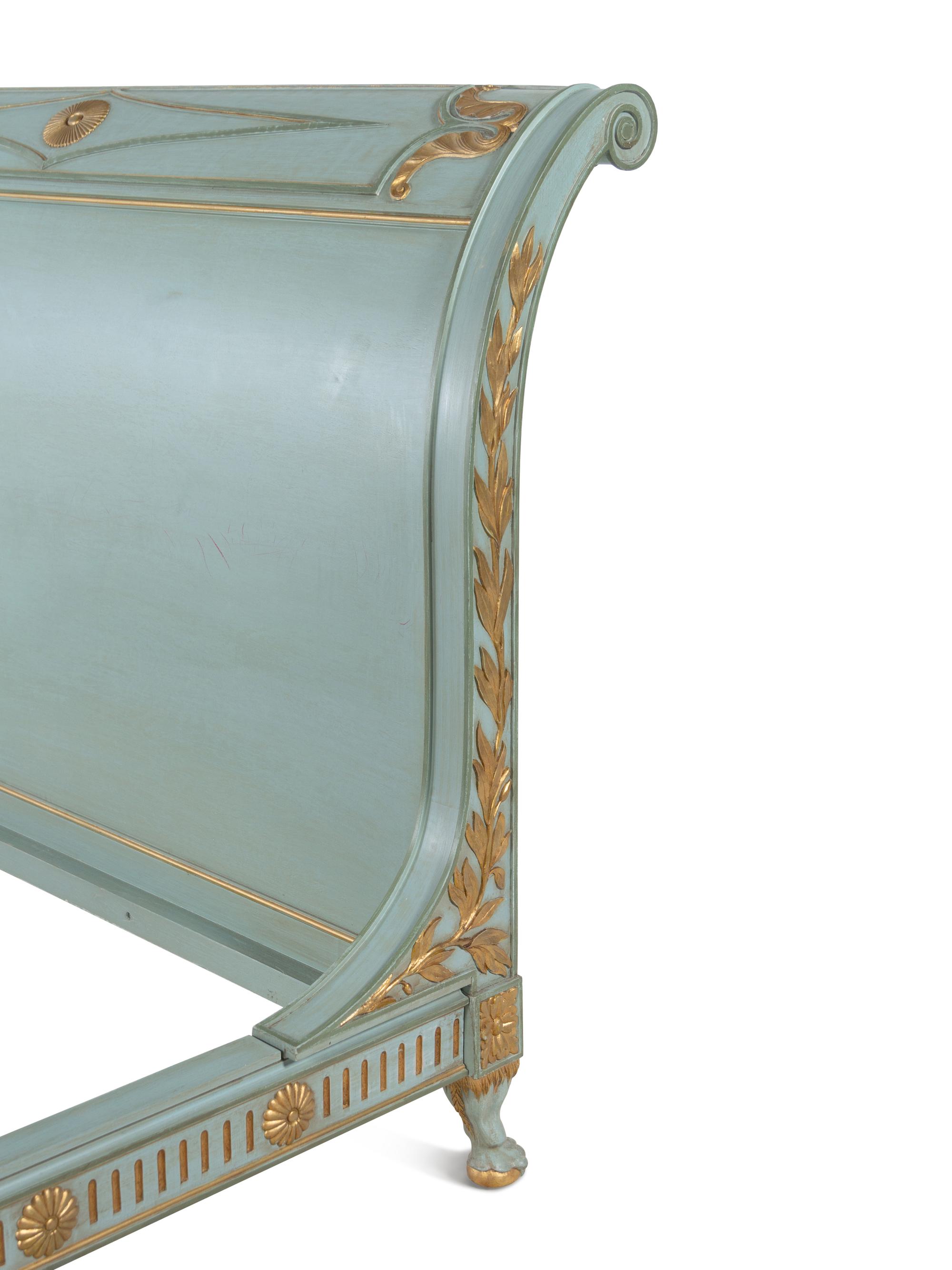 A Custom Directoire Style Blue-Painted and Parcel Gilt Double-Size Bed
