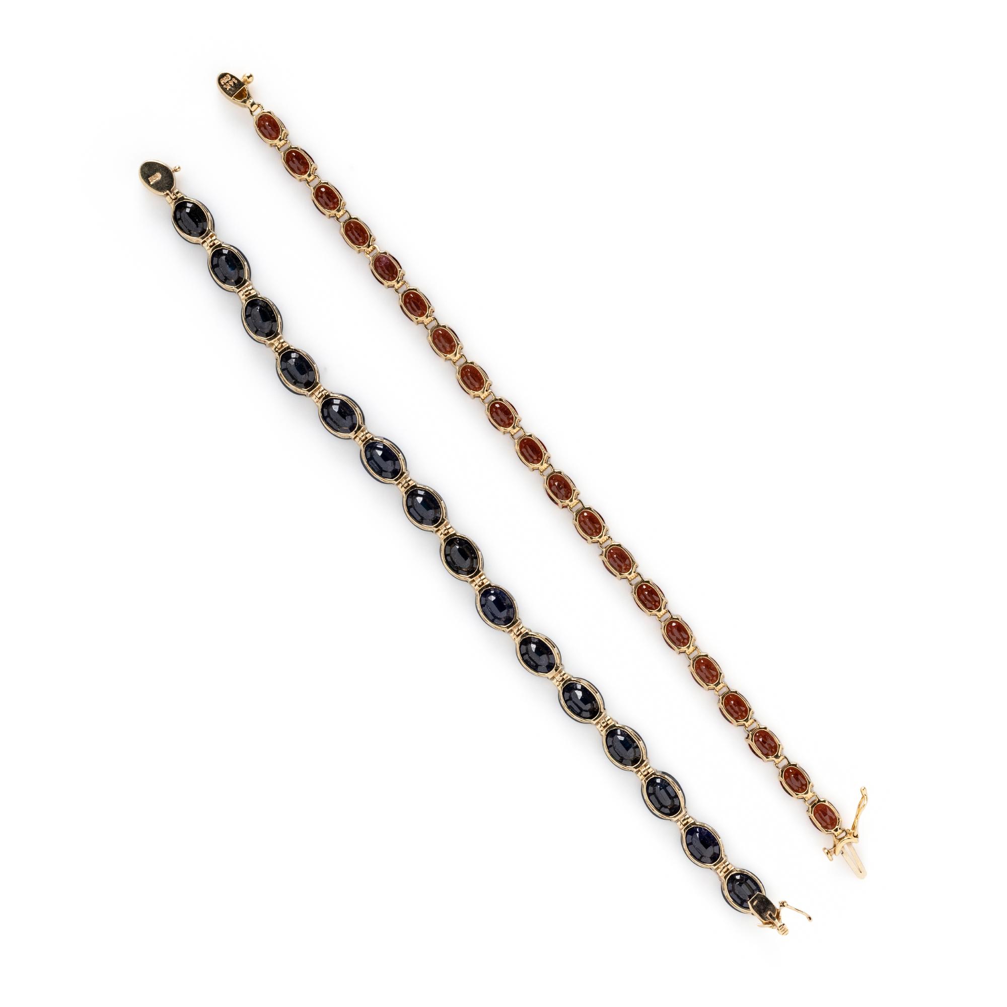 TWO YELLOW GOLD, SAPPHIRE, AND GARNET BRACELETS
