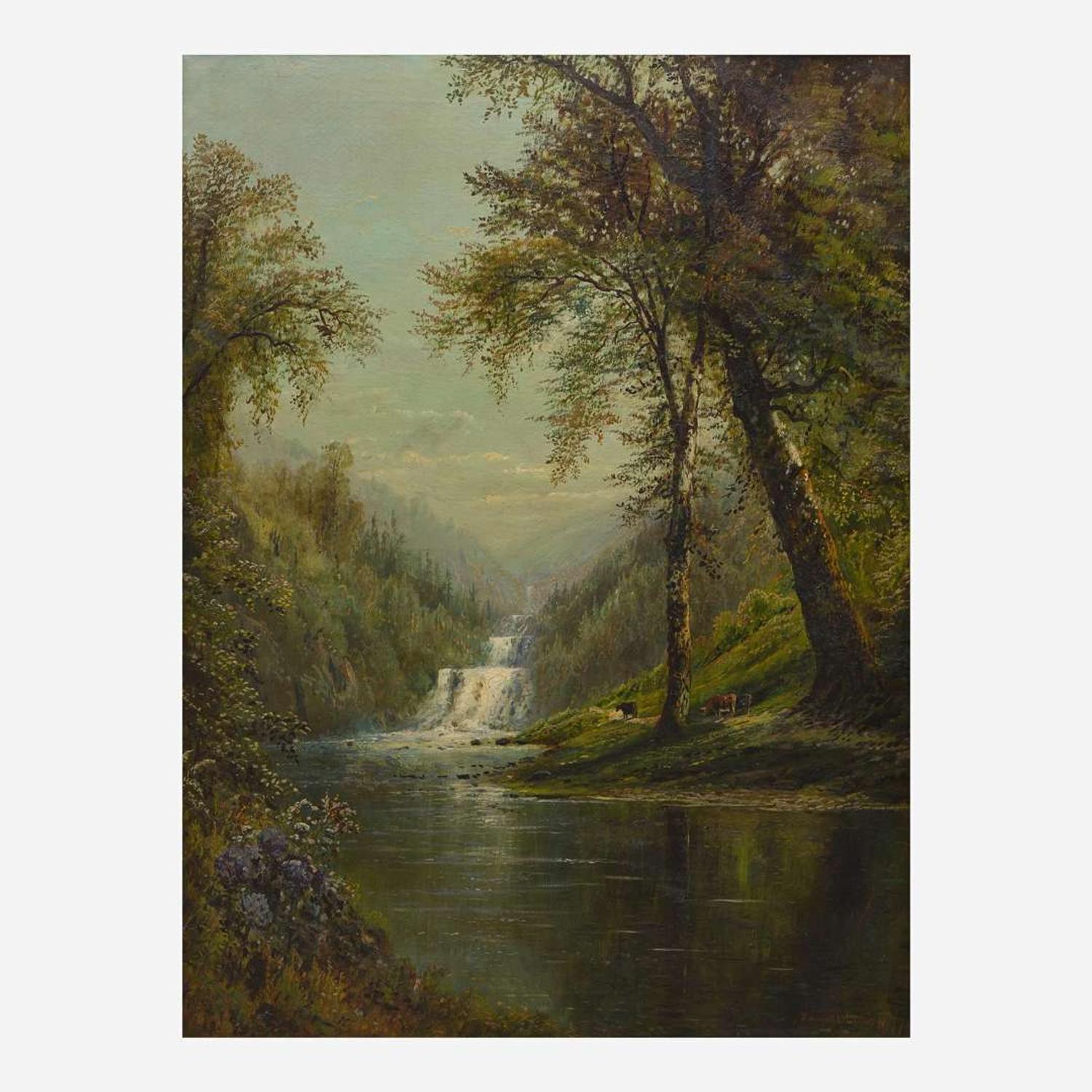 Edmund Darch Lewis (American, 1835–1910) - Cascading Waterfall in Spring Landscape