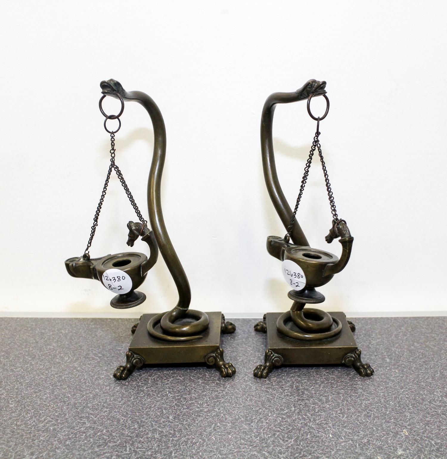 A Pair Grand Tour Bronze Oil Lamps Height of first 9 inches. — 19TH/20TH CENTURY