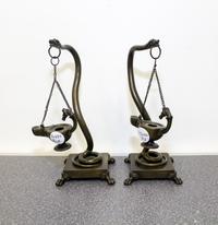 A Pair Grand Tour Bronze Oil Lamps Height of first 9 inches. — 19TH/20TH CENTURY