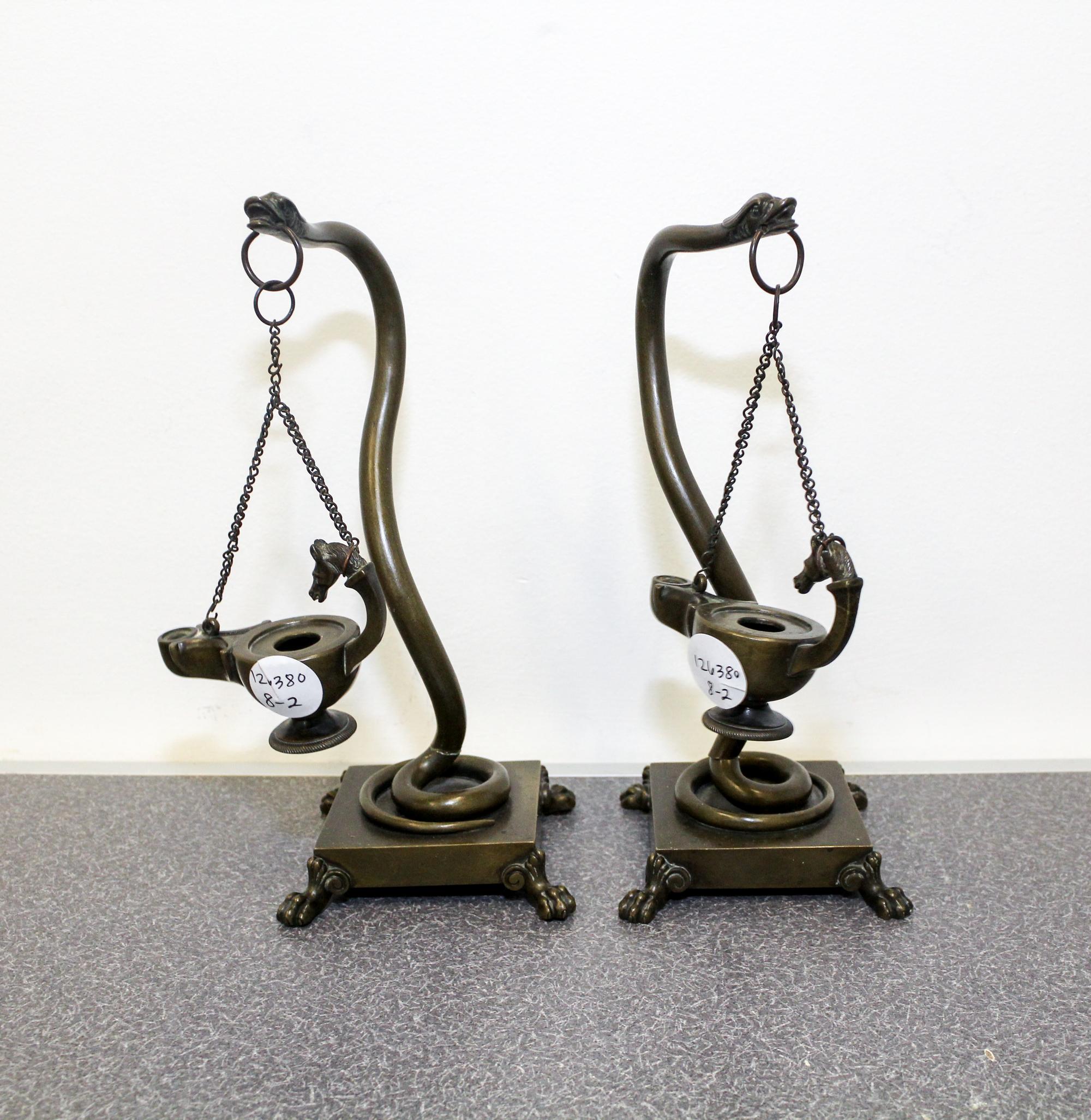 A Pair Grand Tour Bronze Oil Lamps Height of first 9 inches. — 19TH/20TH CENTURY