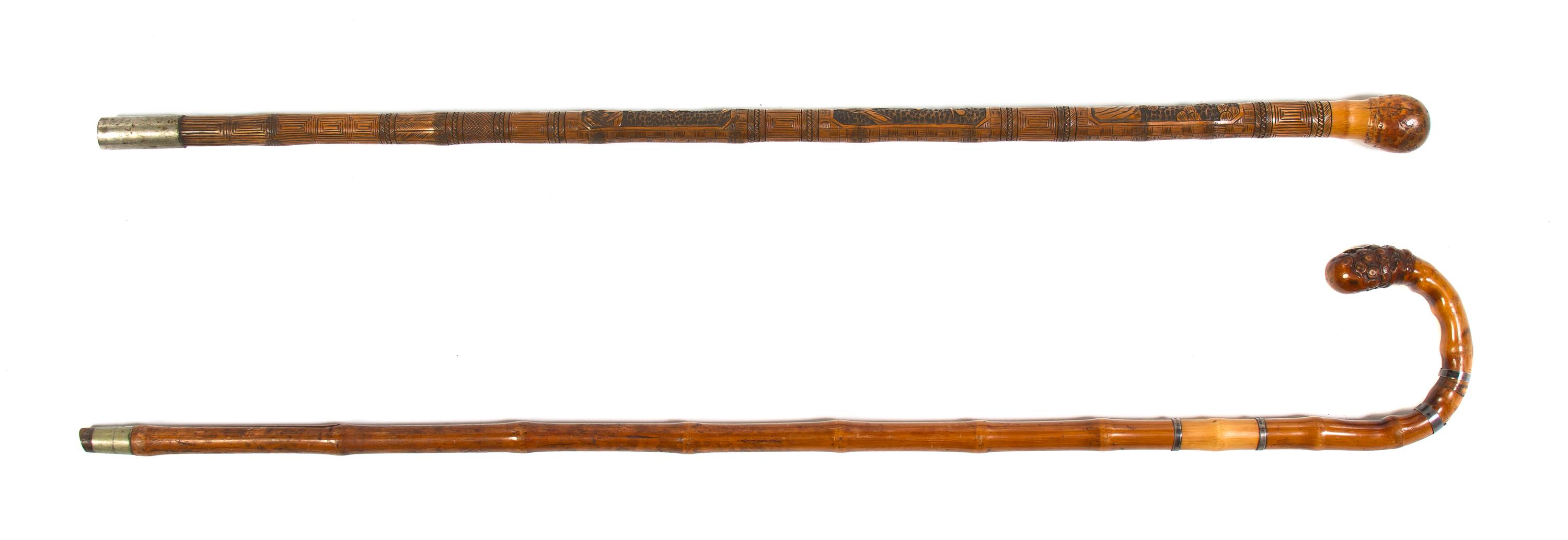 A Bamboo Walking Stick, Height of taller overall 36 inches.
