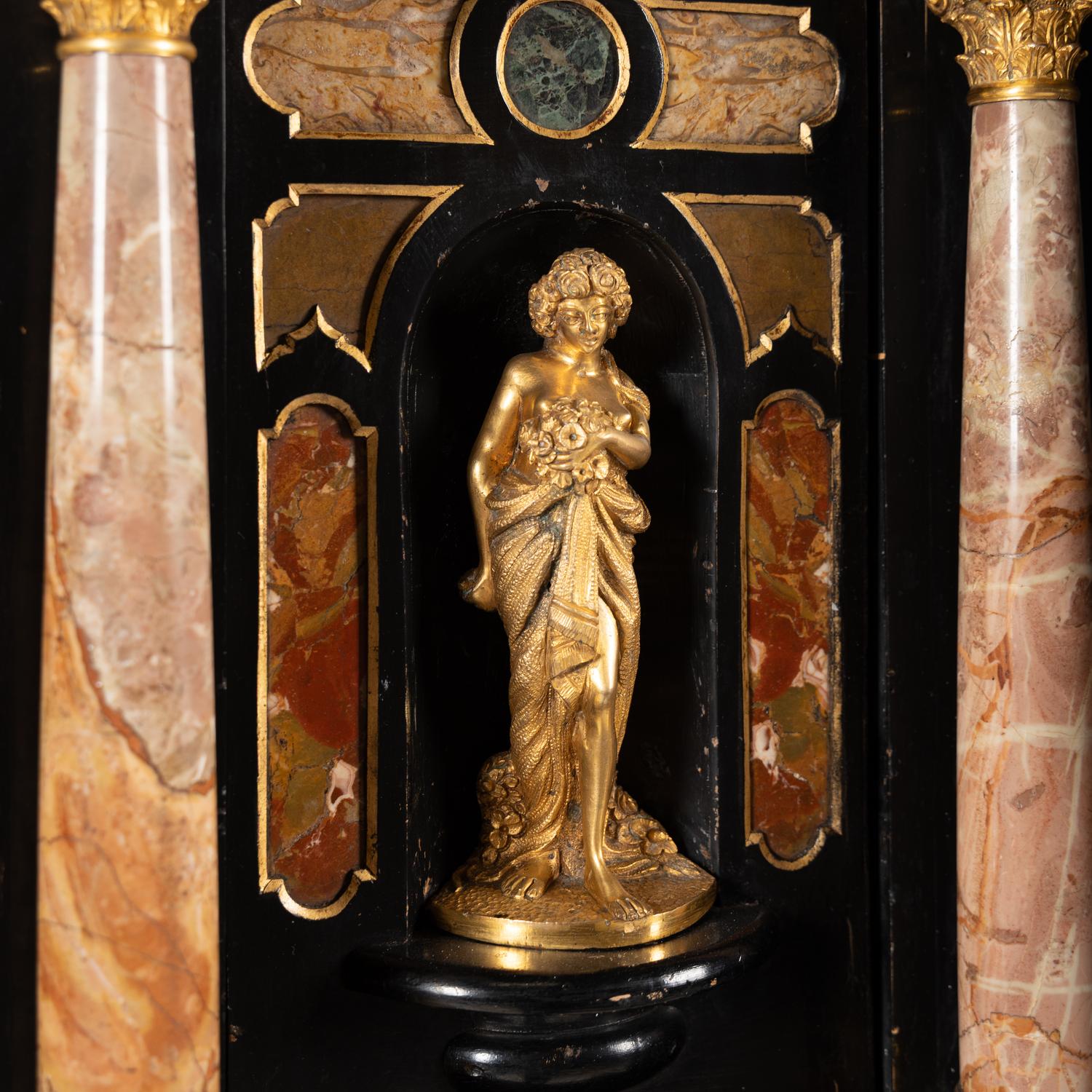 An Italian Baroque Style Ebonized, Specimen Marble-Inset and Parcel Gilt Collector's Cabinet