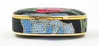 A Judith Leiber Black Floral Minaudiere, 3.75"H x 5"W x 1"D; Strap drop: 19.5".