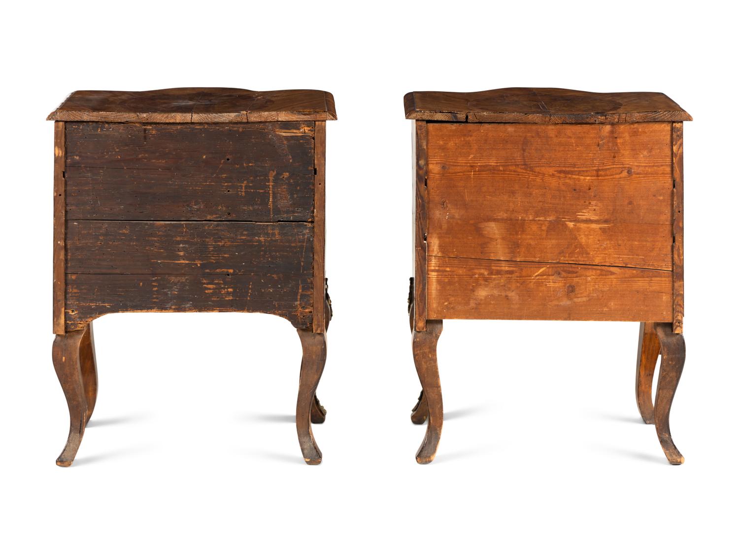 A Pair of Continental Gilt Metal Mounted Burlwood Commodes