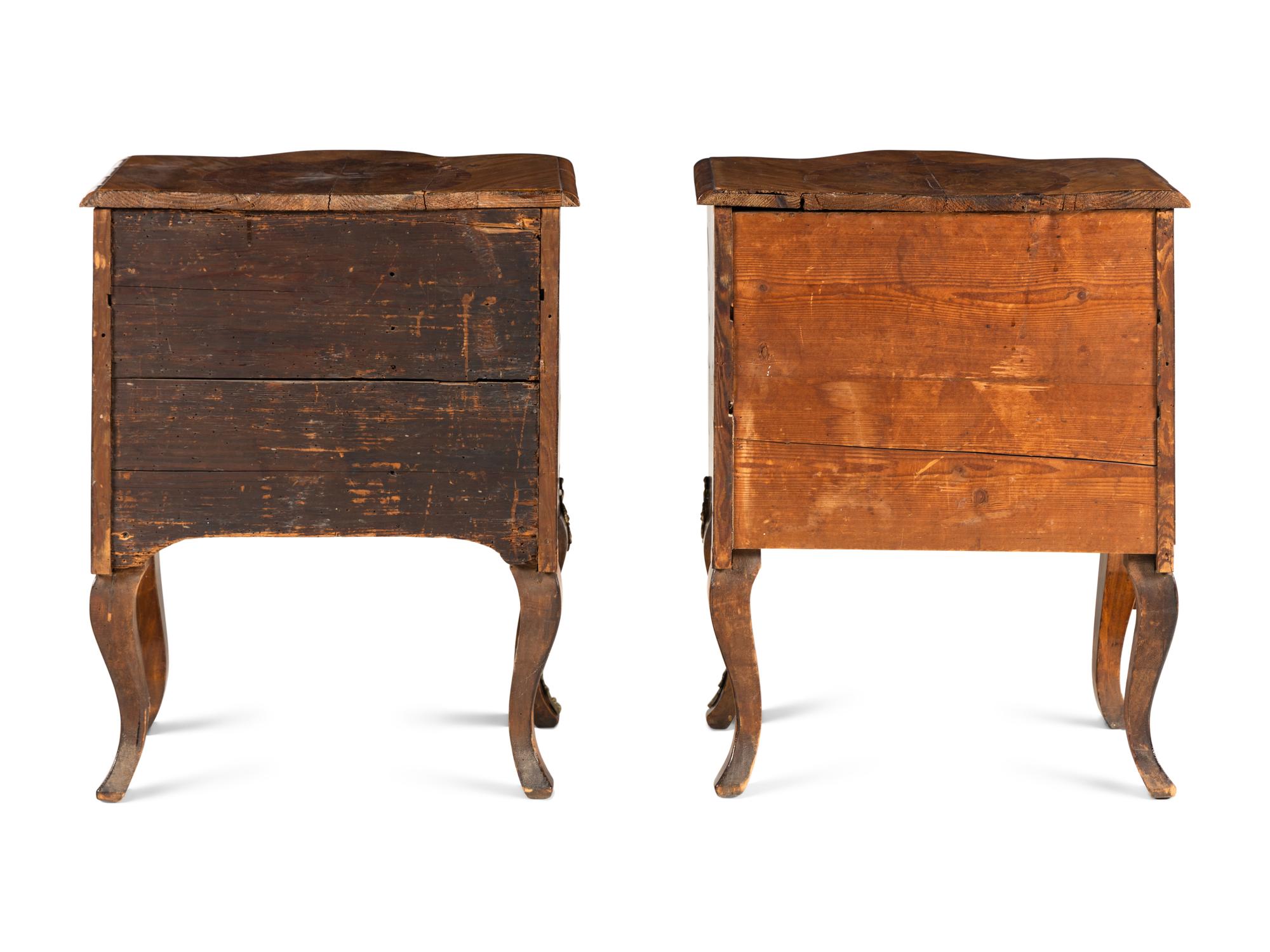 A Pair of Continental Gilt Metal Mounted Burlwood Commodes