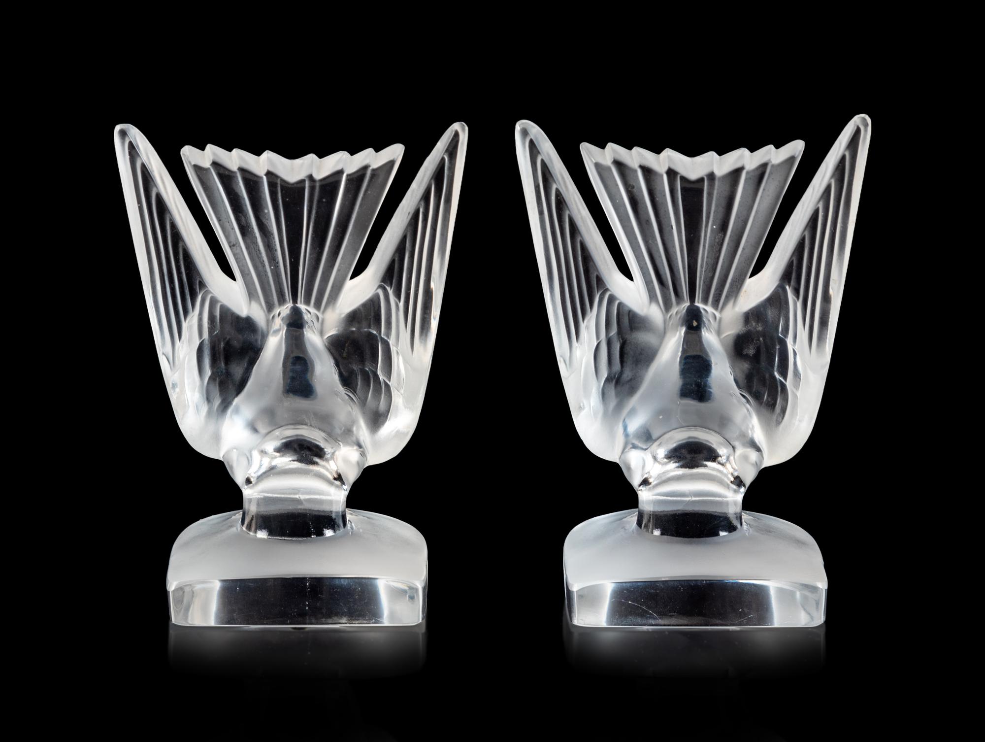 A Pair of Lalique Molded and Frosted Glass Deux Hirondelles Bookends