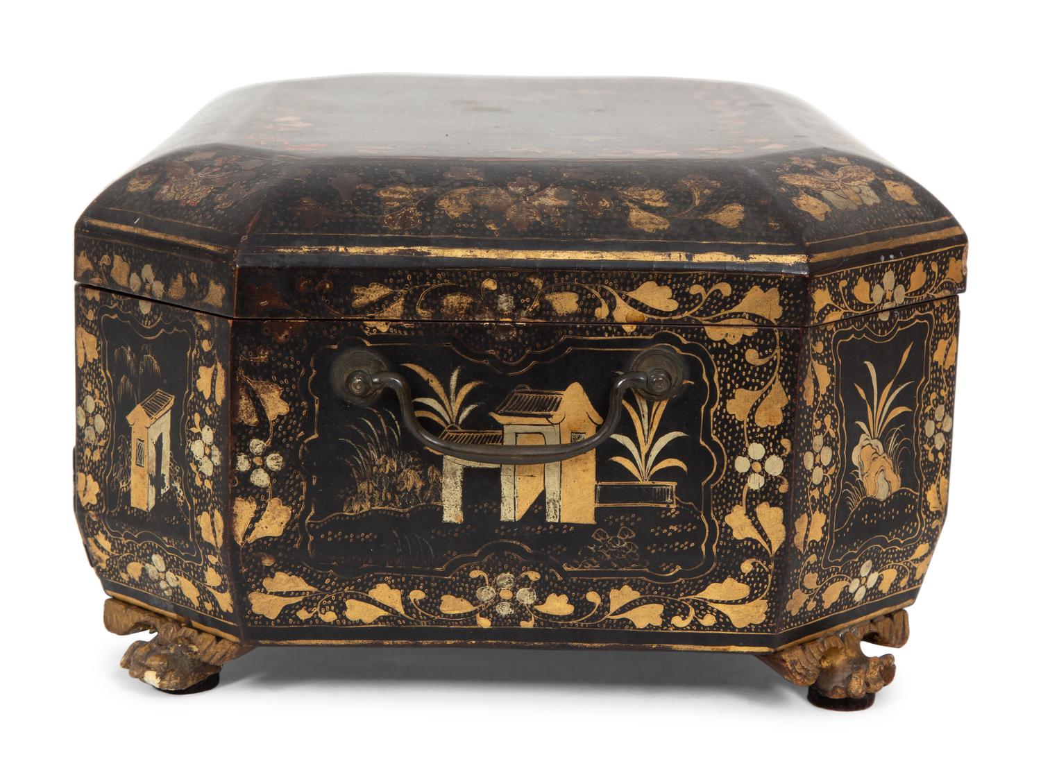 An English Chinoiserie Black and Gilt Lacquer Sewing Box