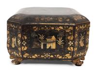 An English Chinoiserie Black and Gilt Lacquer Sewing Box