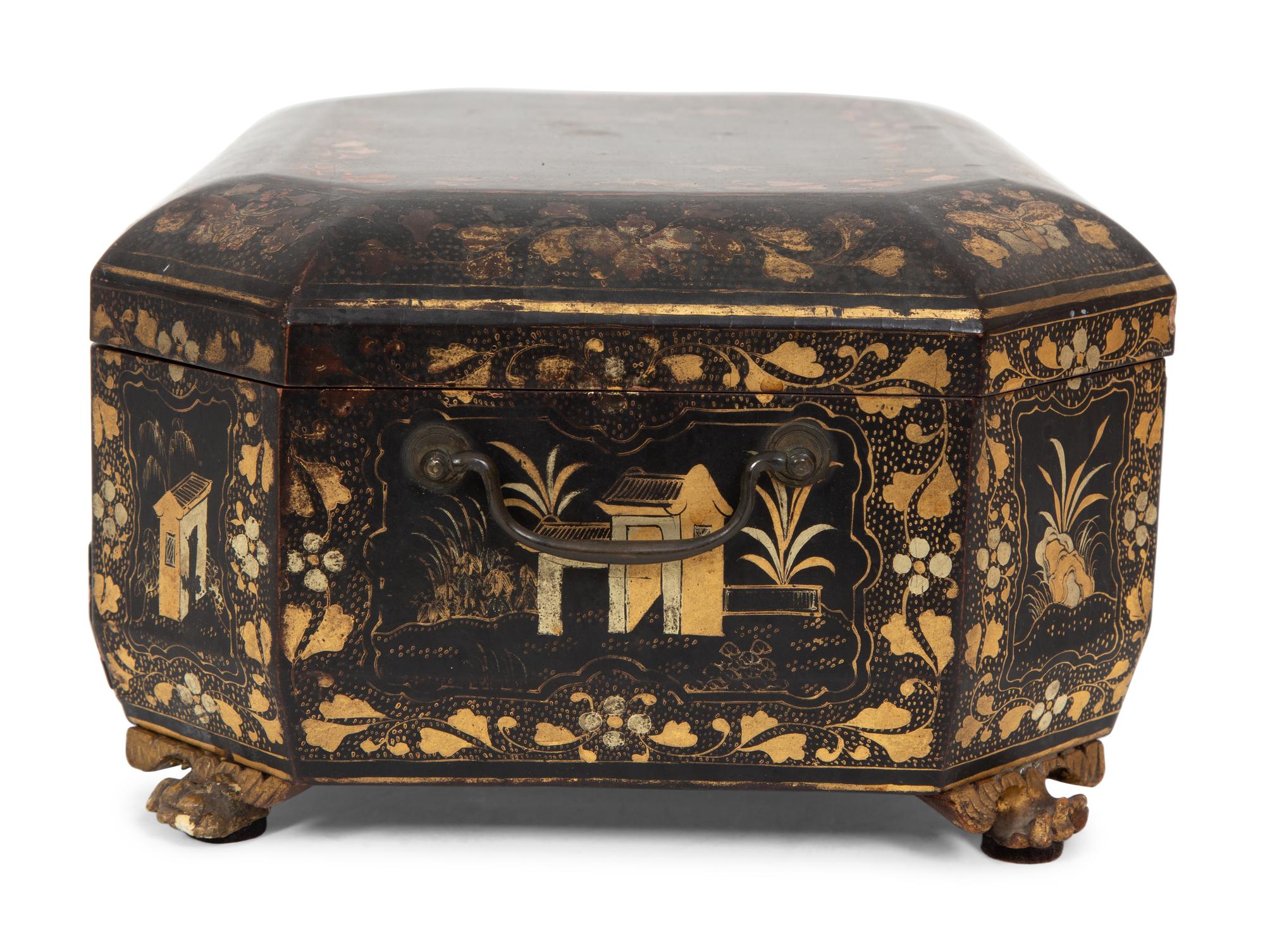 An English Chinoiserie Black and Gilt Lacquer Sewing Box