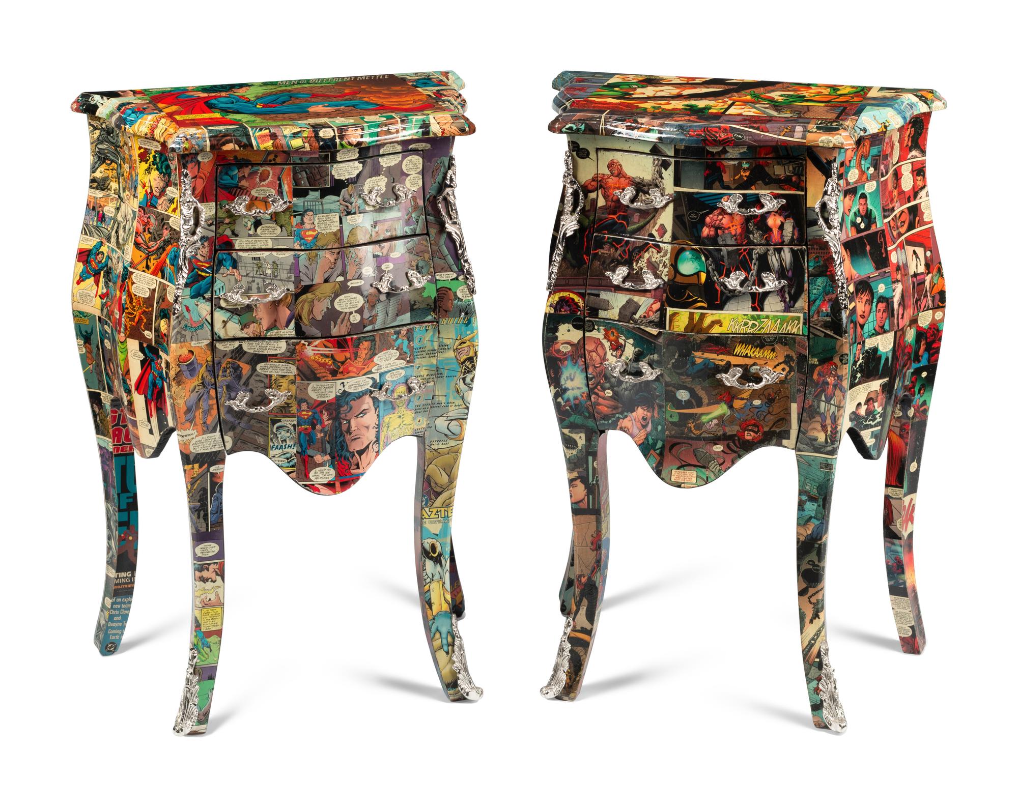 A Pair of Comic-Découpaged Small Commodes
