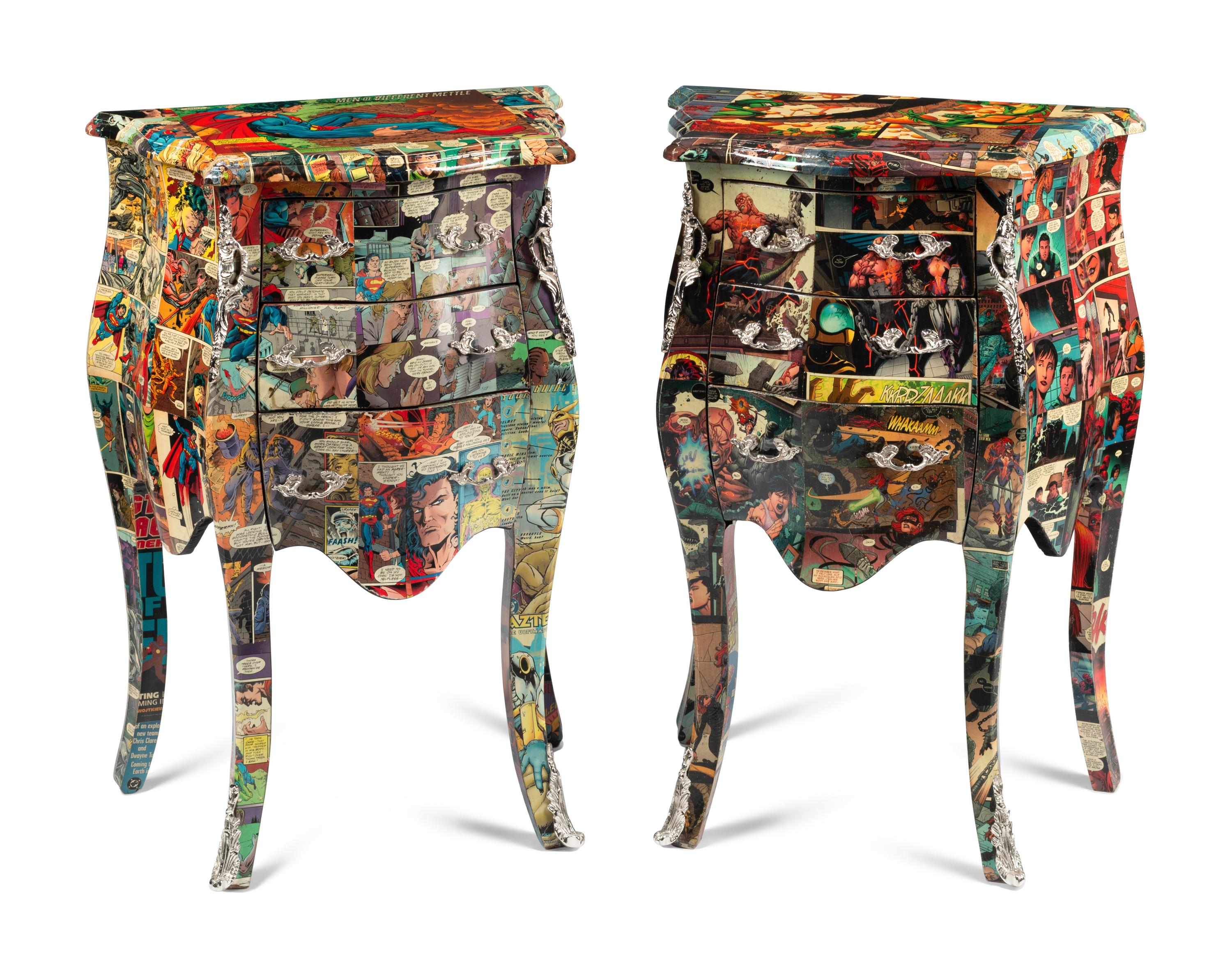 A Pair of Comic-Découpaged Small Commodes