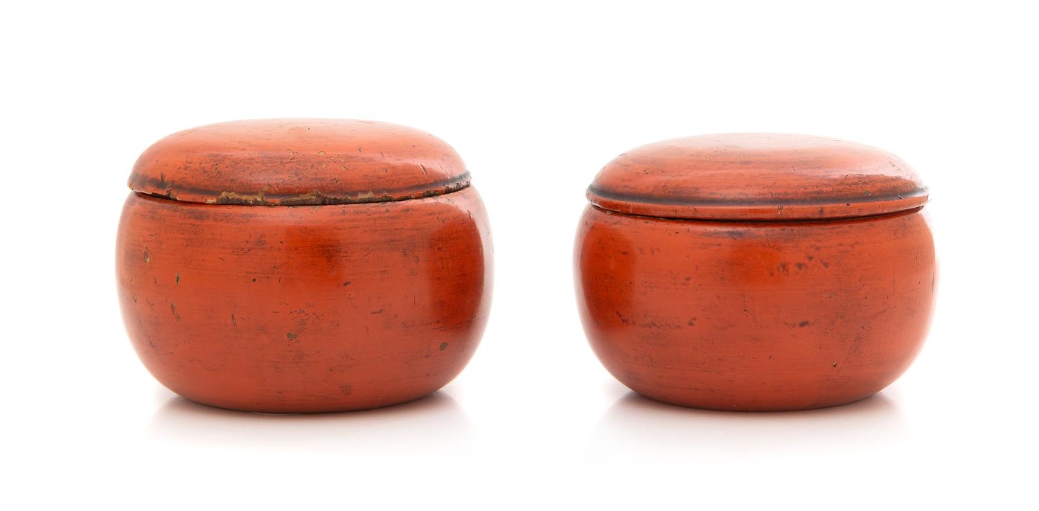 A Pair of Chinese Red Lacquered Covered Boxes