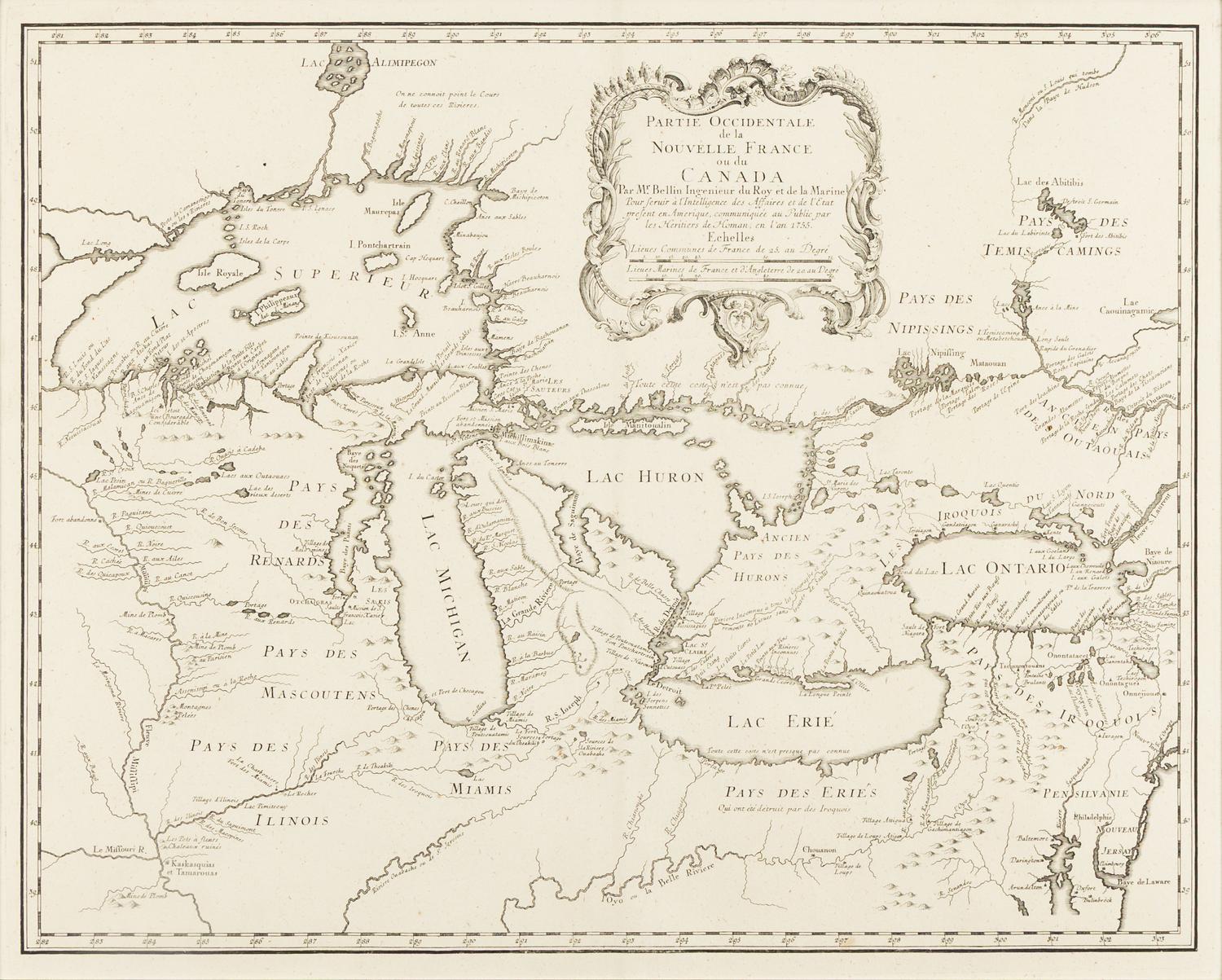[MAP]. BELLIN, Jacques Nicolas (1703-1772). -- HOMANN HEIRS. Partie Occidentale de la Nouvelle France ou du Canada . Nuremberg, 1755.