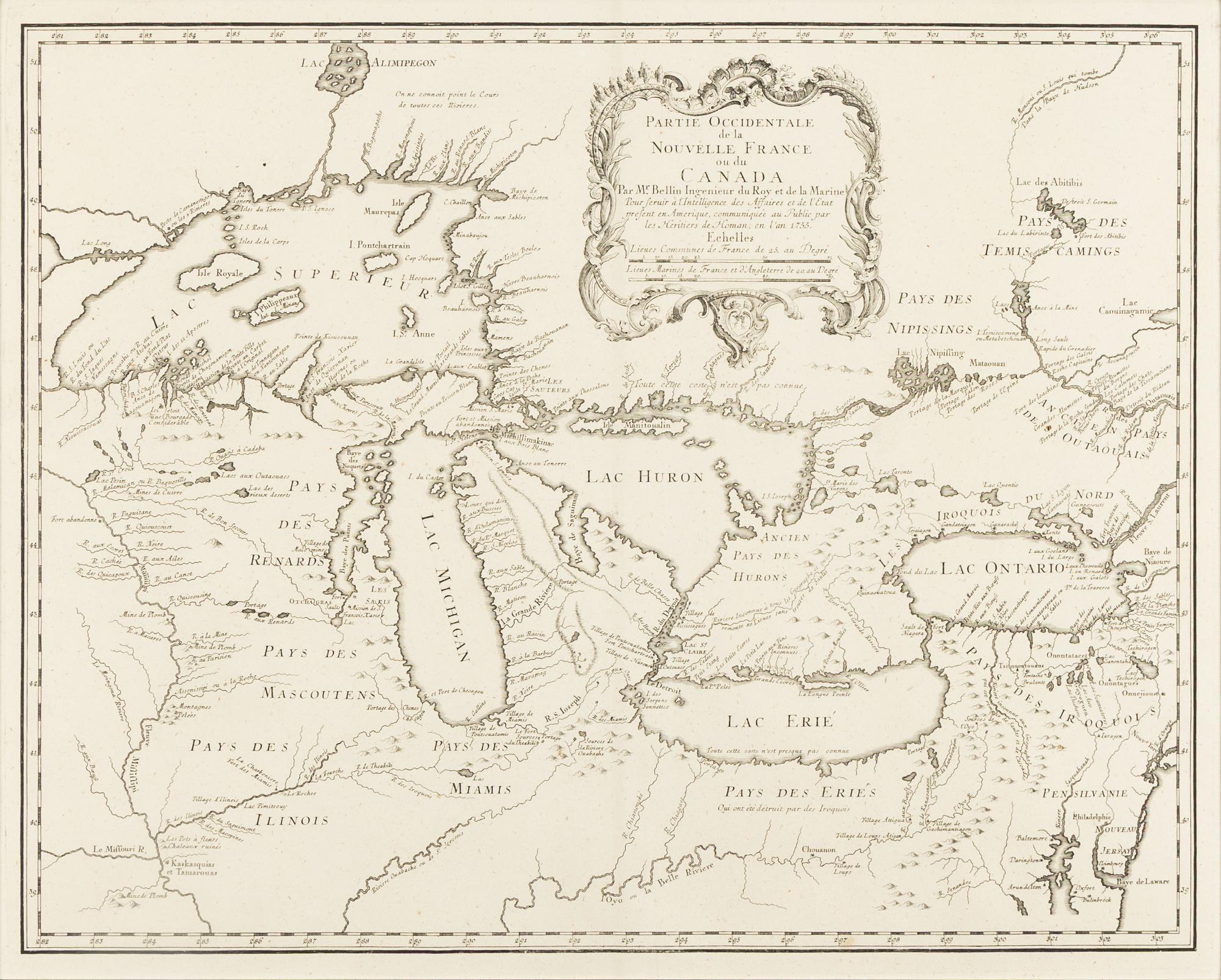 [MAP]. BELLIN, Jacques Nicolas (1703-1772). -- HOMANN HEIRS. Partie Occidentale de la Nouvelle France ou du Canada . Nuremberg, 1755.
