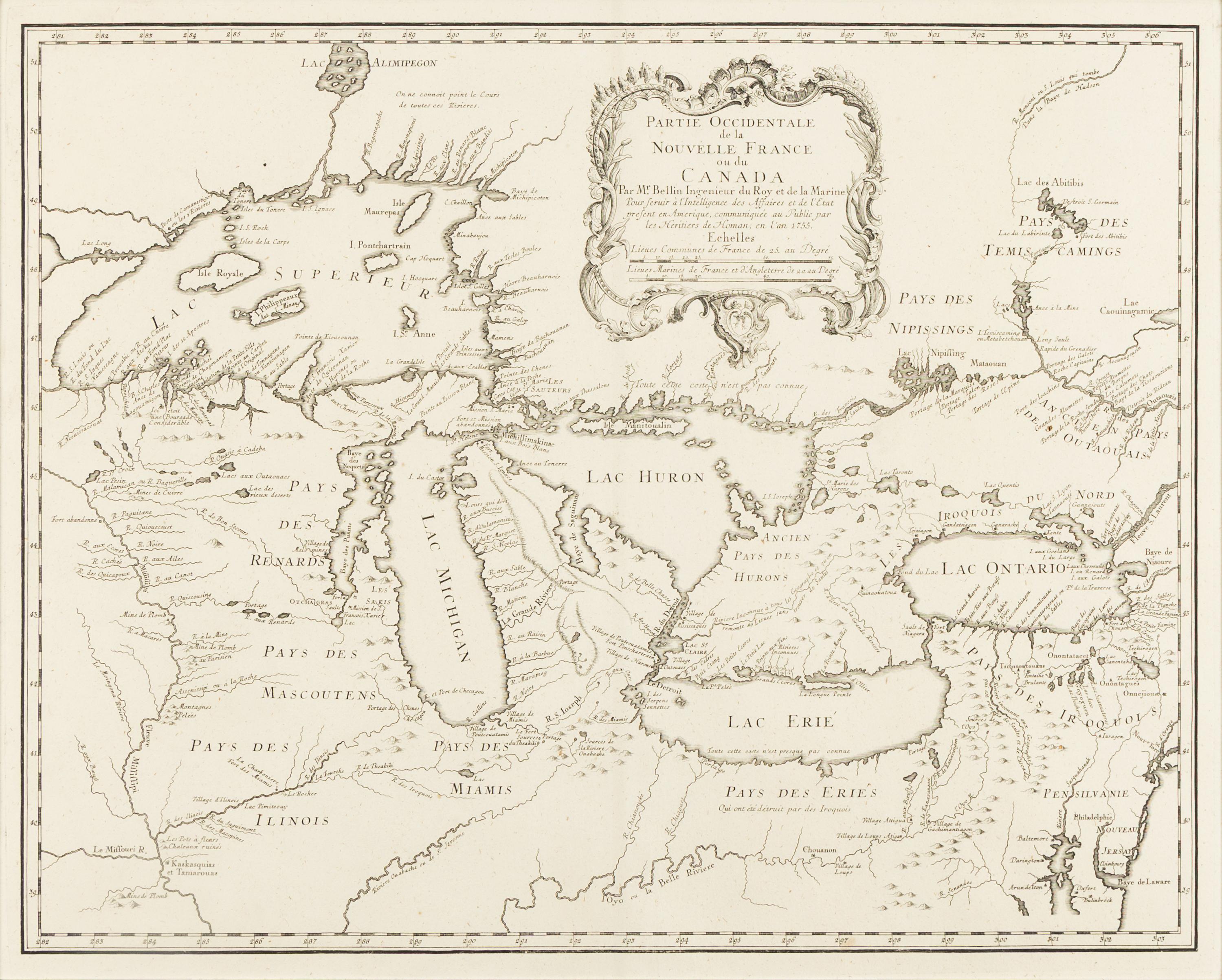 [MAP]. BELLIN, Jacques Nicolas (1703-1772). -- HOMANN HEIRS. Partie Occidentale de la Nouvelle France ou du Canada . Nuremberg, 1755.