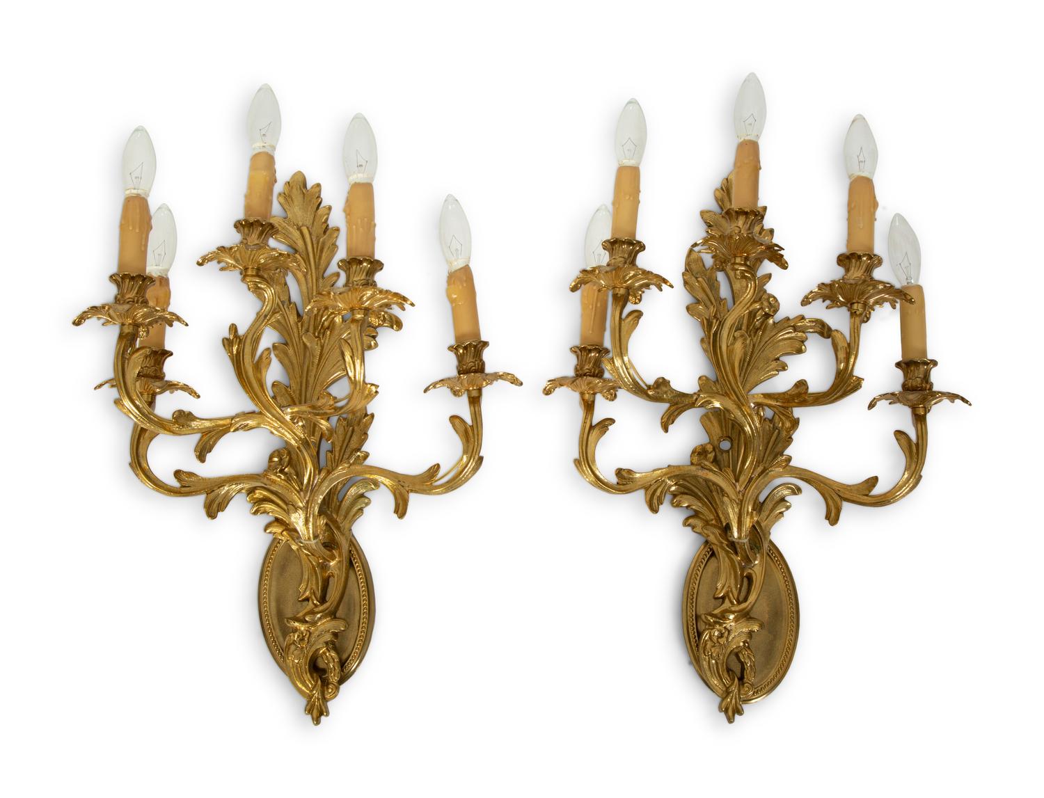 A Pair of Louis XV Style Gilt Bronze Five-Light Sconces — 19TH/20TH CENTURY
