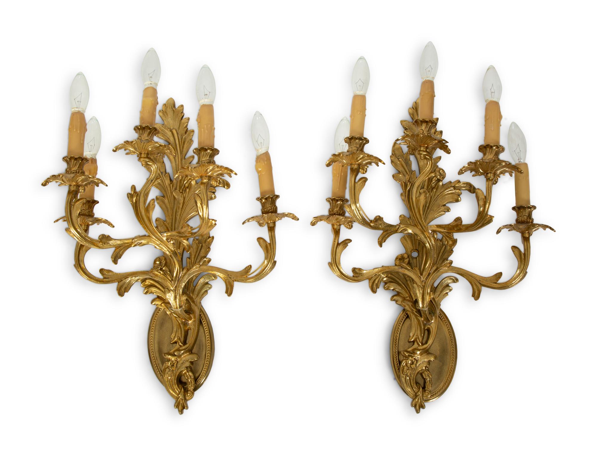 A Pair of Louis XV Style Gilt Bronze Five-Light Sconces — 19TH/20TH CENTURY