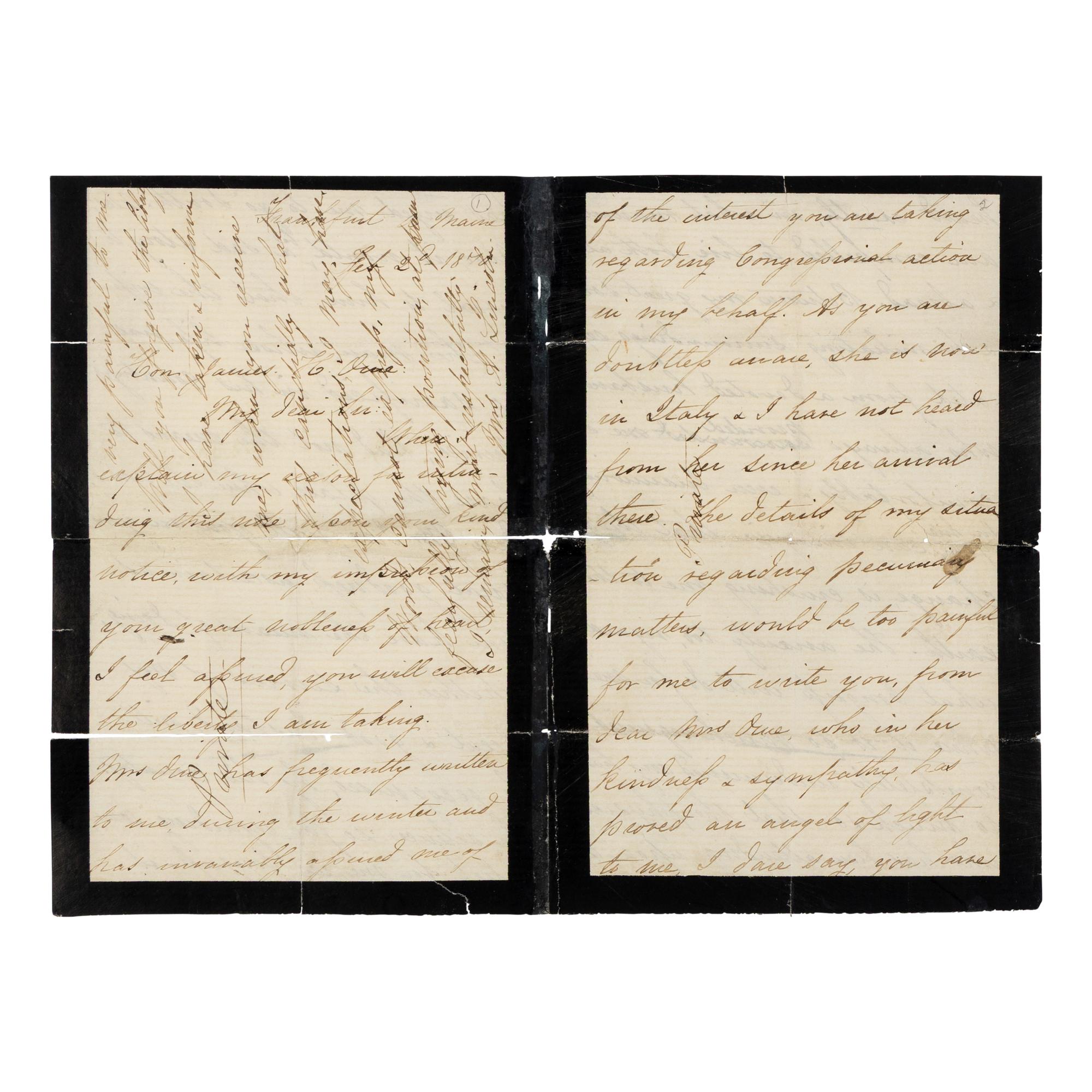 LINCOLN, Mary Todd (1818-1882). Autograph letter signed ("Mrs. A. Lincoln") to James Orne, Frankfurt, 2 February 1870.