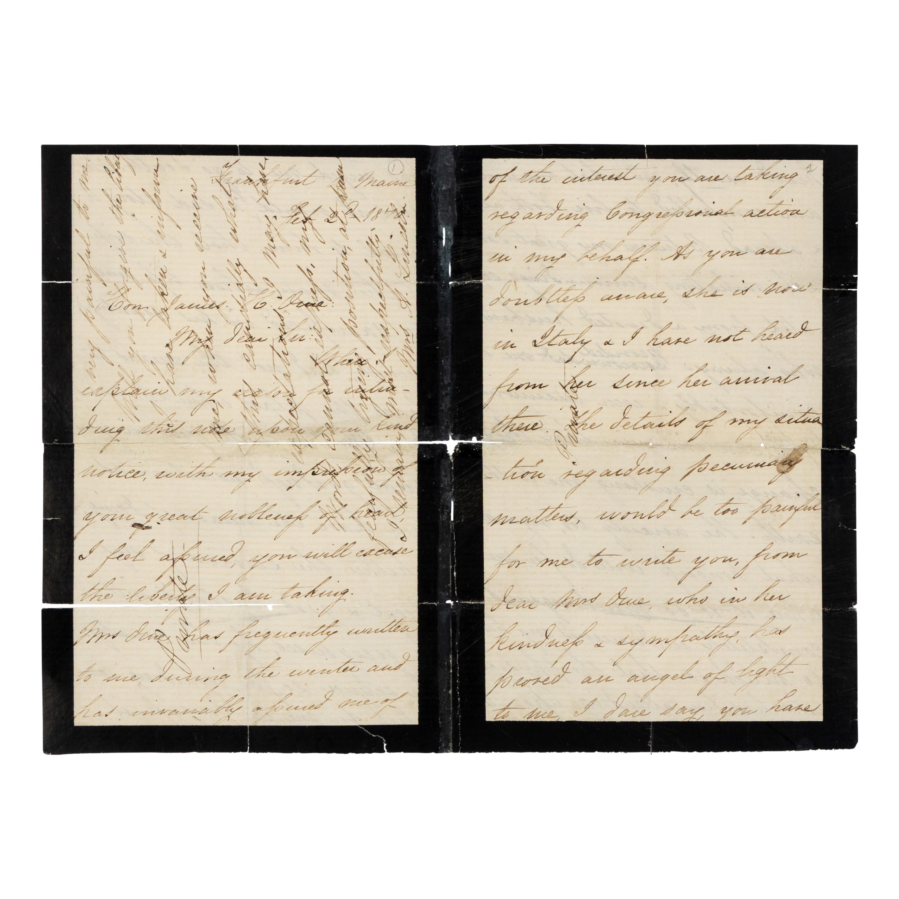 LINCOLN, Mary Todd (1818-1882). Autograph letter signed ("Mrs. A. Lincoln") to James Orne, Frankfurt, 2 February 1870.