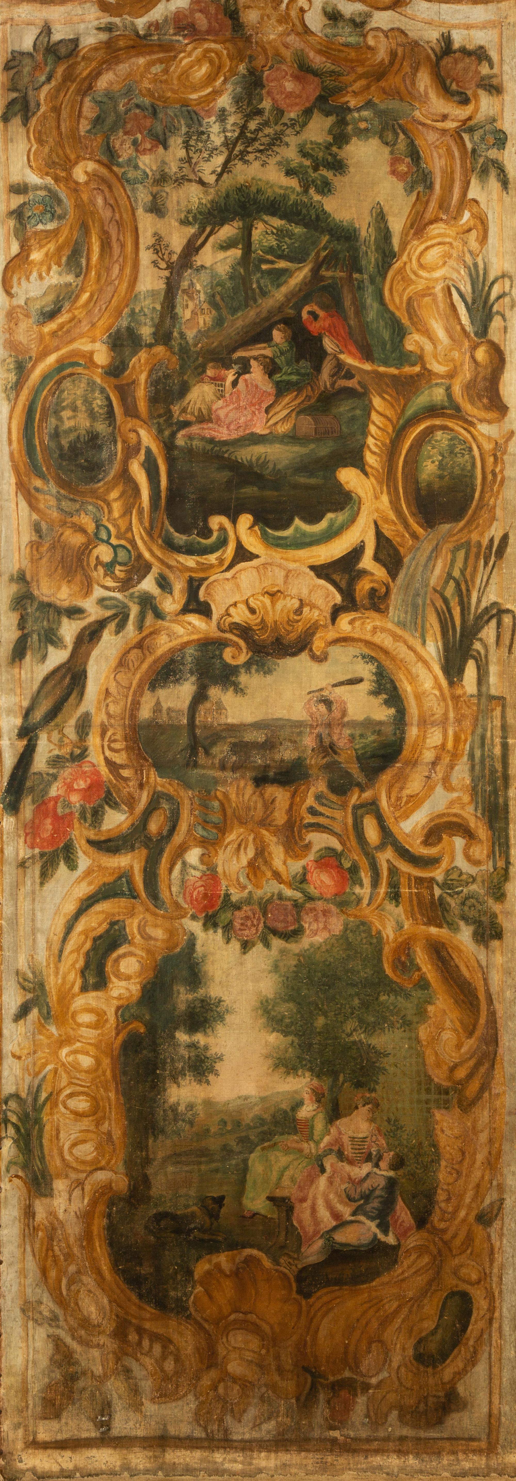 A French Five-Panel Hand Painted Canvas Floor Screen — 18TH CENTURY