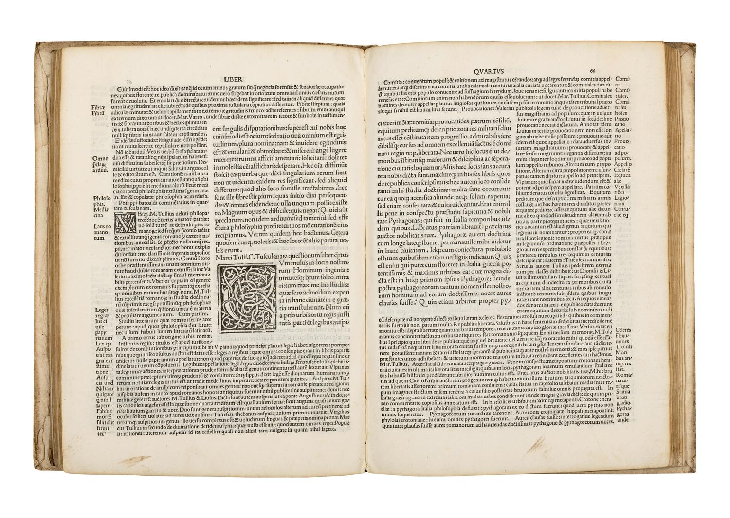 CICERO, Marcus Tullius (106-43 B.C.). Tusculanae disputationes . Commentary by Philippus Beroaldus. Venice: Bartholomaeus de Zanis, 17 July 1499.