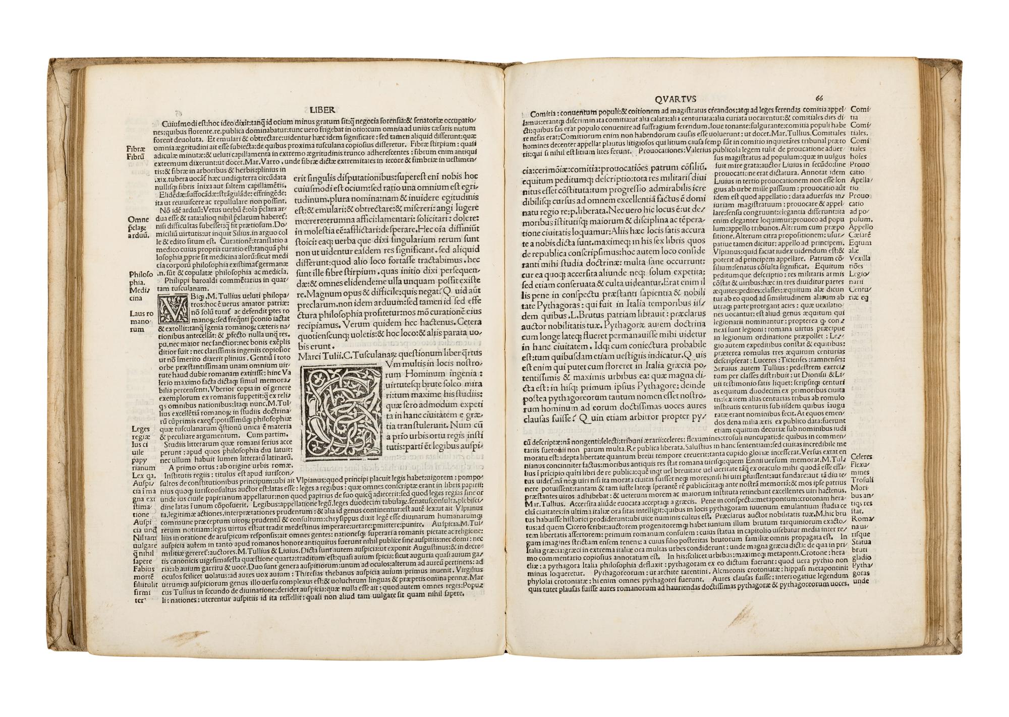 CICERO, Marcus Tullius (106-43 B.C.). Tusculanae disputationes . Commentary by Philippus Beroaldus. Venice: Bartholomaeus de Zanis, 17 July 1499.