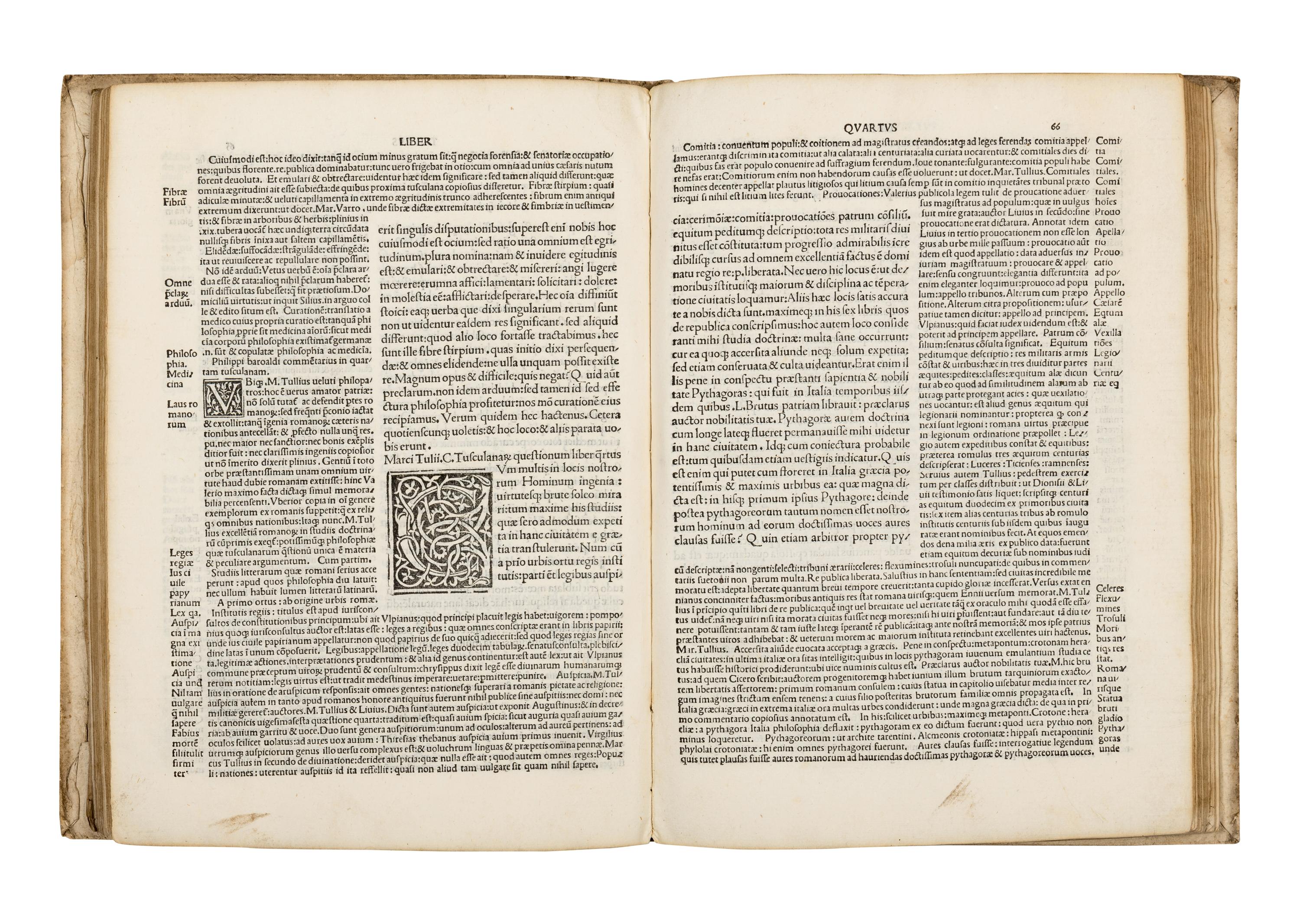 CICERO, Marcus Tullius (106-43 B.C.). Tusculanae disputationes . Commentary by Philippus Beroaldus. Venice: Bartholomaeus de Zanis, 17 July 1499.