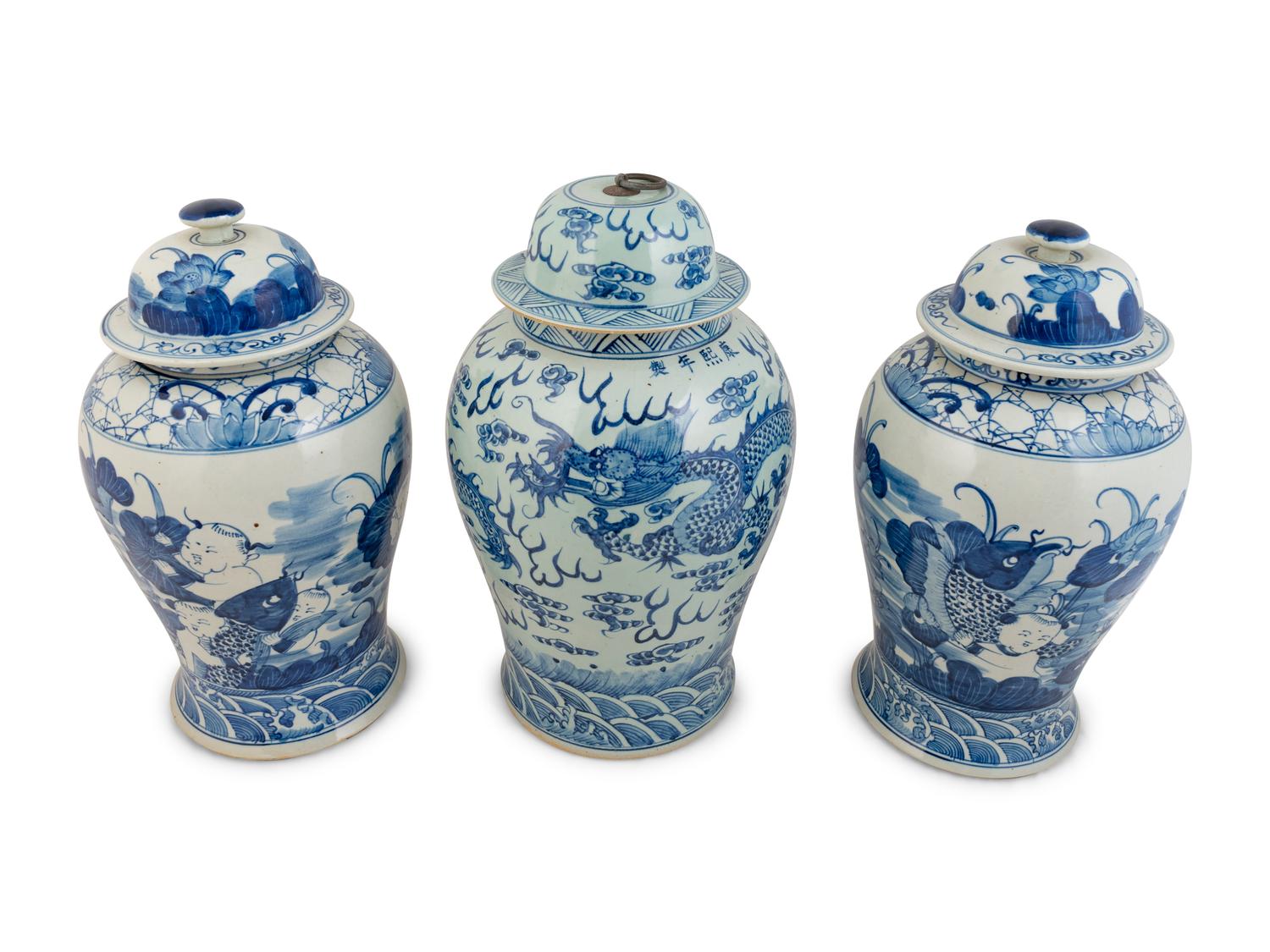 Three Chinese Blue and White Porcelain Baluster Lidded Jars — 20TH CENTURY