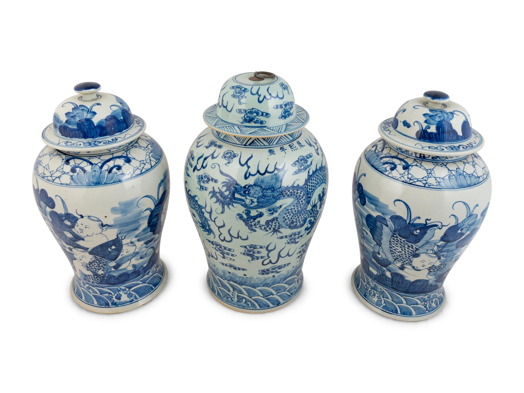 Three Chinese Blue and White Porcelain Baluster Lidded Jars — 20TH CENTURY