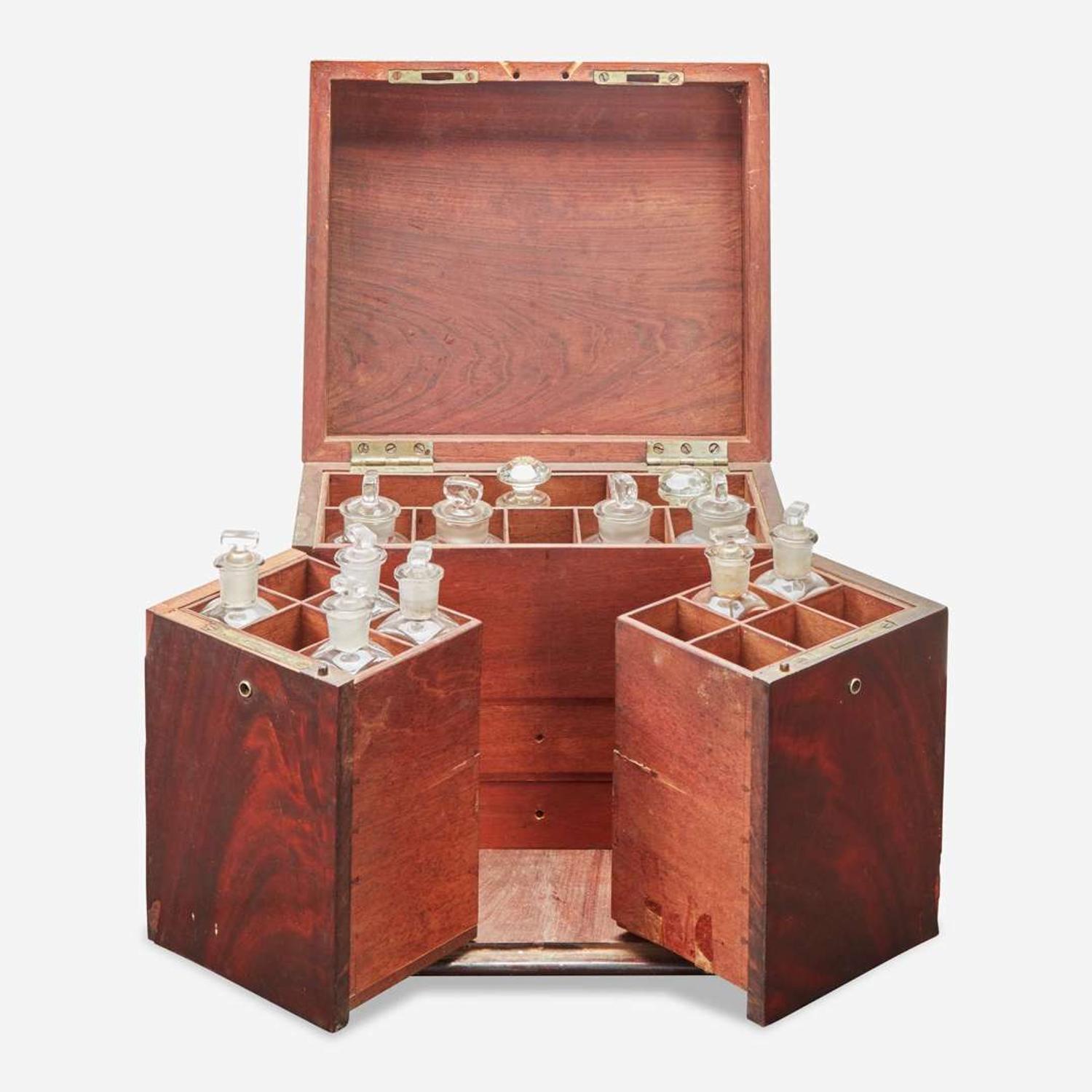 Washington Family associated items: pair of bottle sliders, punch ladle and portable mahogany medicine chest associated with Dr. Samuel Walter Washington The medicine chest probably England, late 18th / early 19th century
