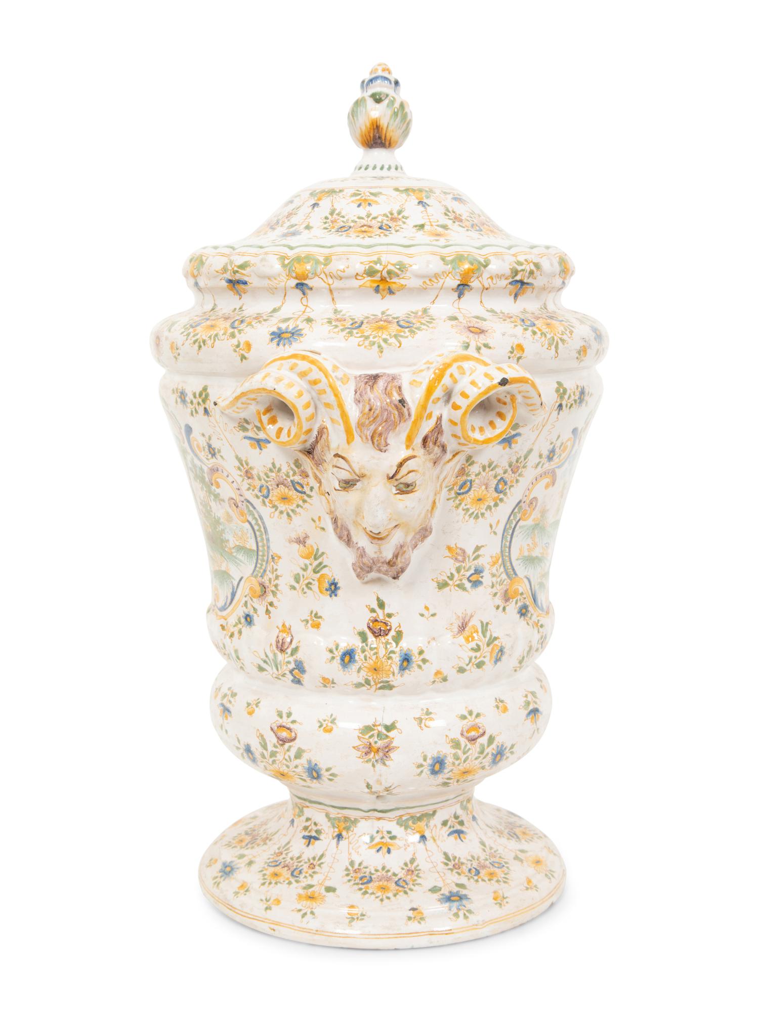 A Large Majolica Covered Urn with Horned Satyr Mask Handles