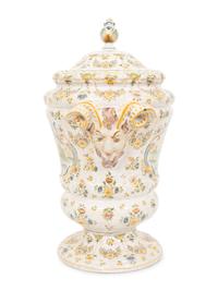 A Large Majolica Covered Urn with Horned Satyr Mask Handles
