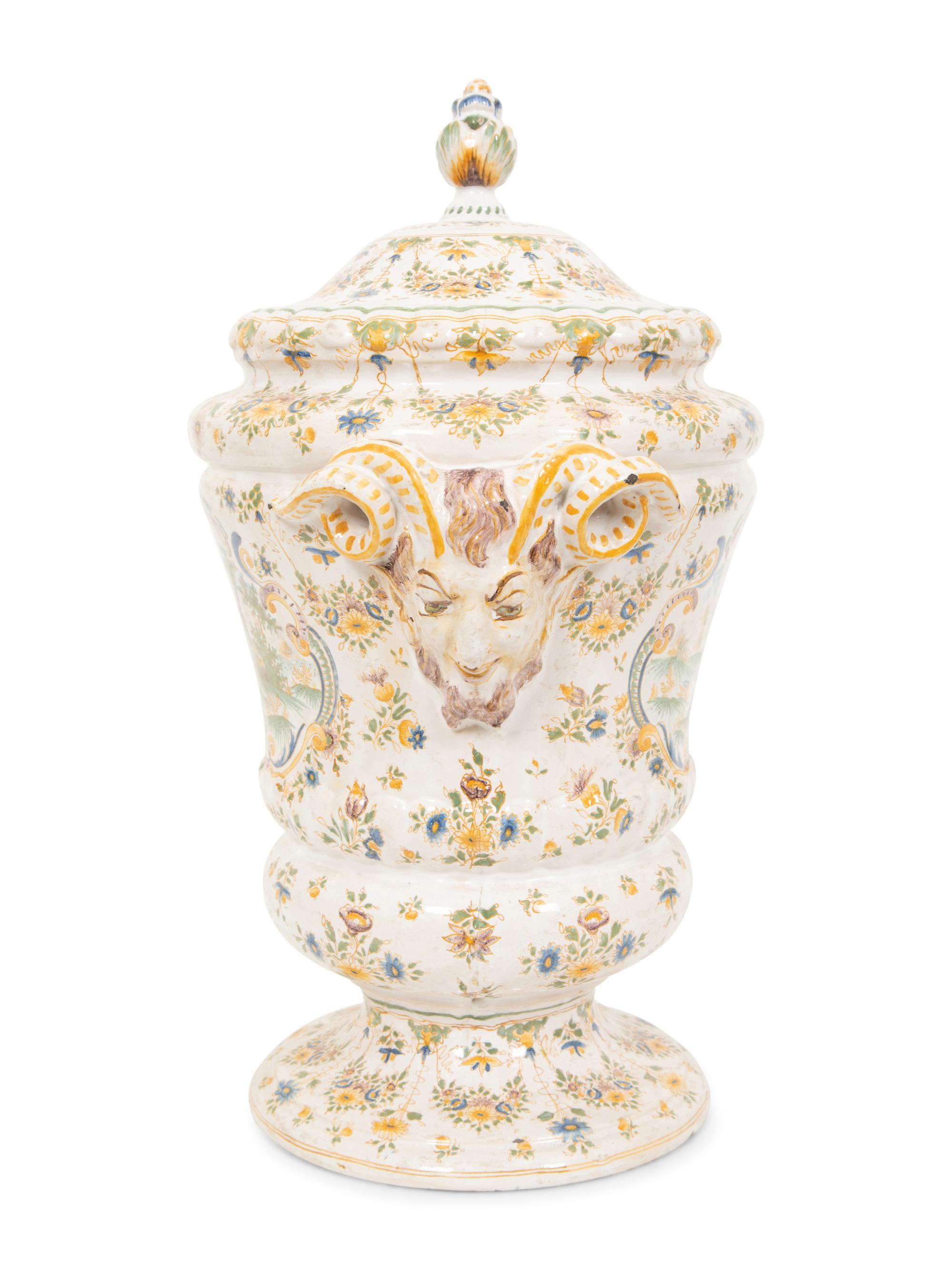 A Large Majolica Covered Urn with Horned Satyr Mask Handles
