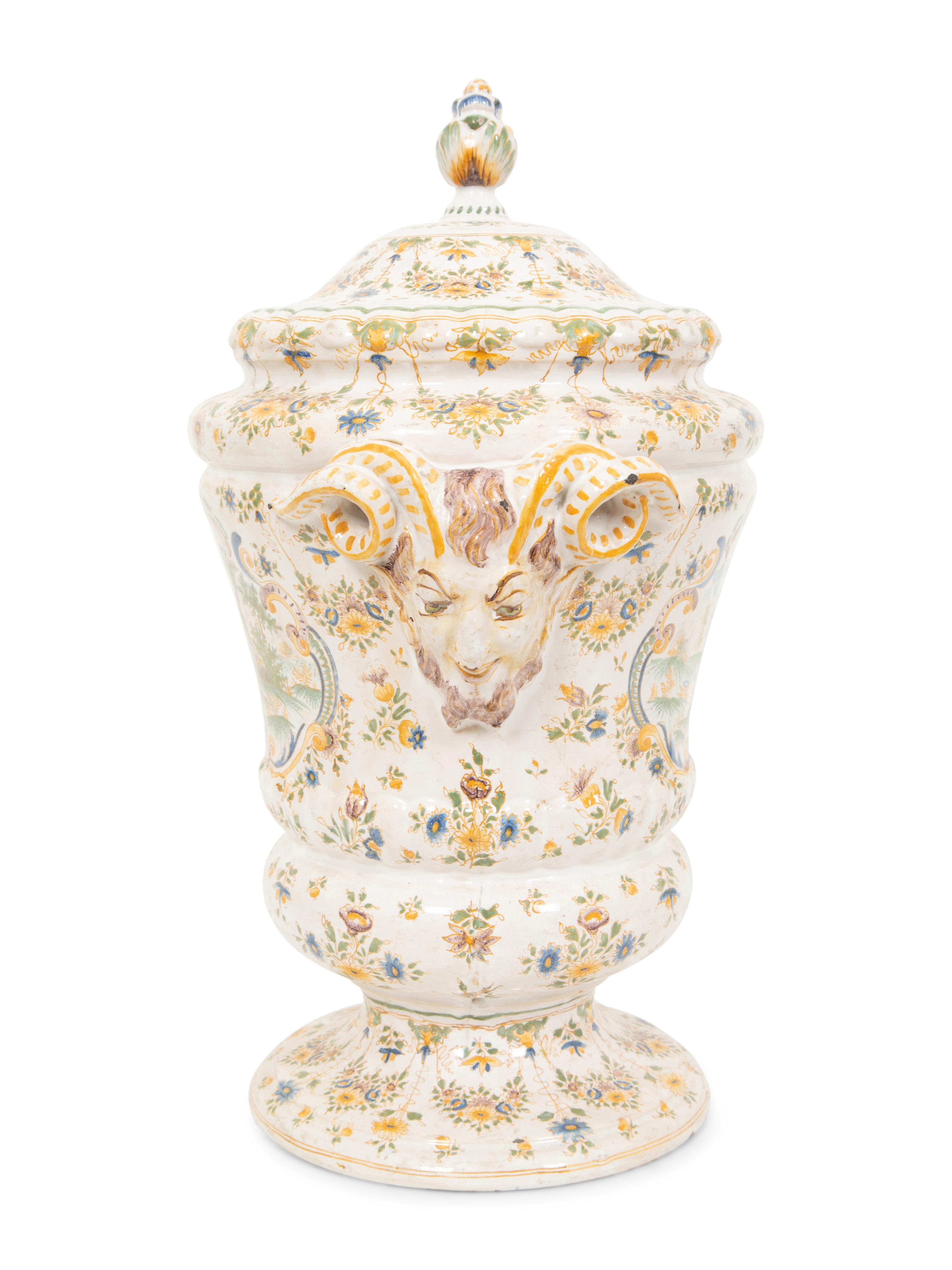 A Large Majolica Covered Urn with Horned Satyr Mask Handles