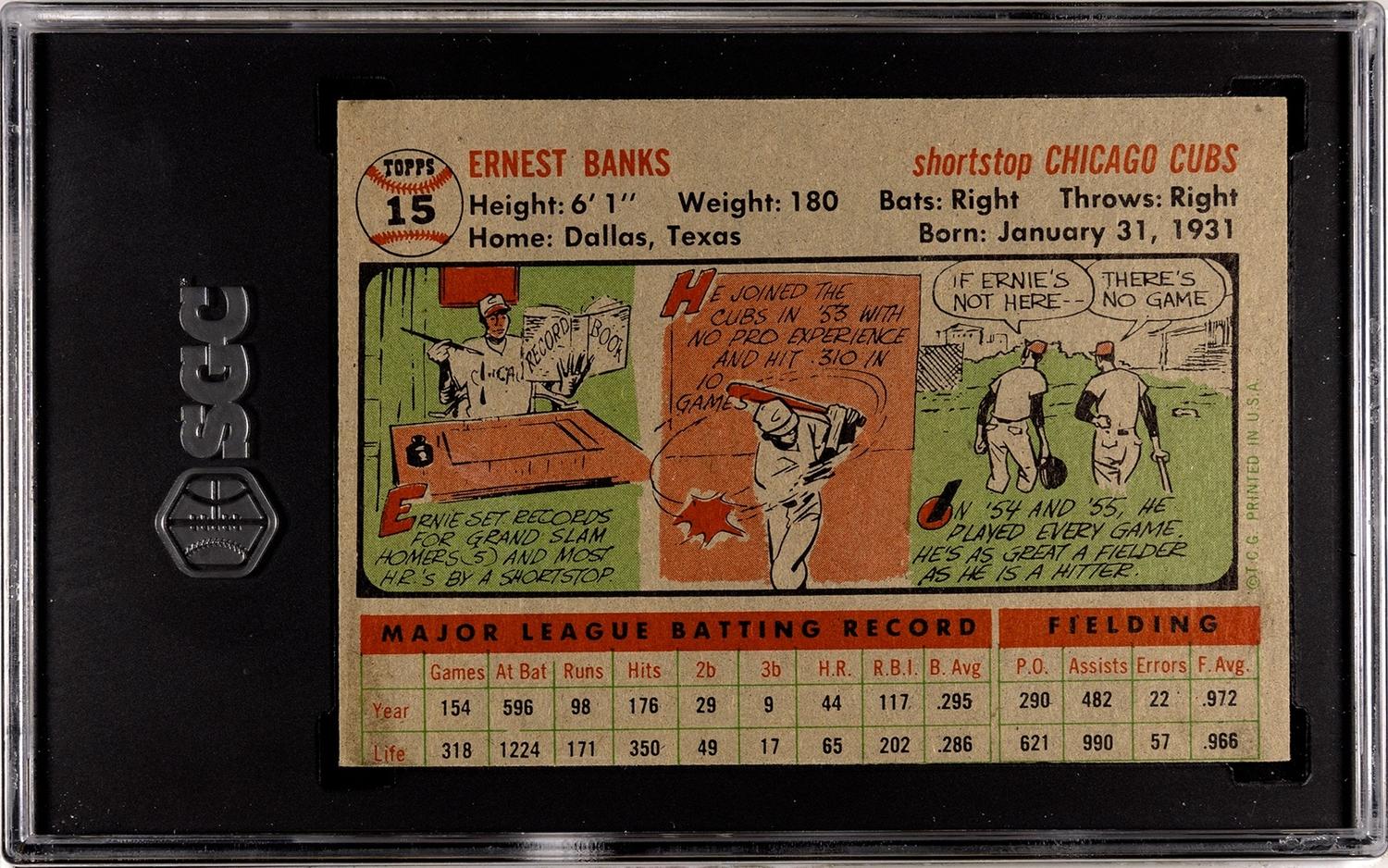 A 1956 Topps Ernie Banks Baseball Card No. 15 Gray Back (SGC 4.5 VG-EX+)