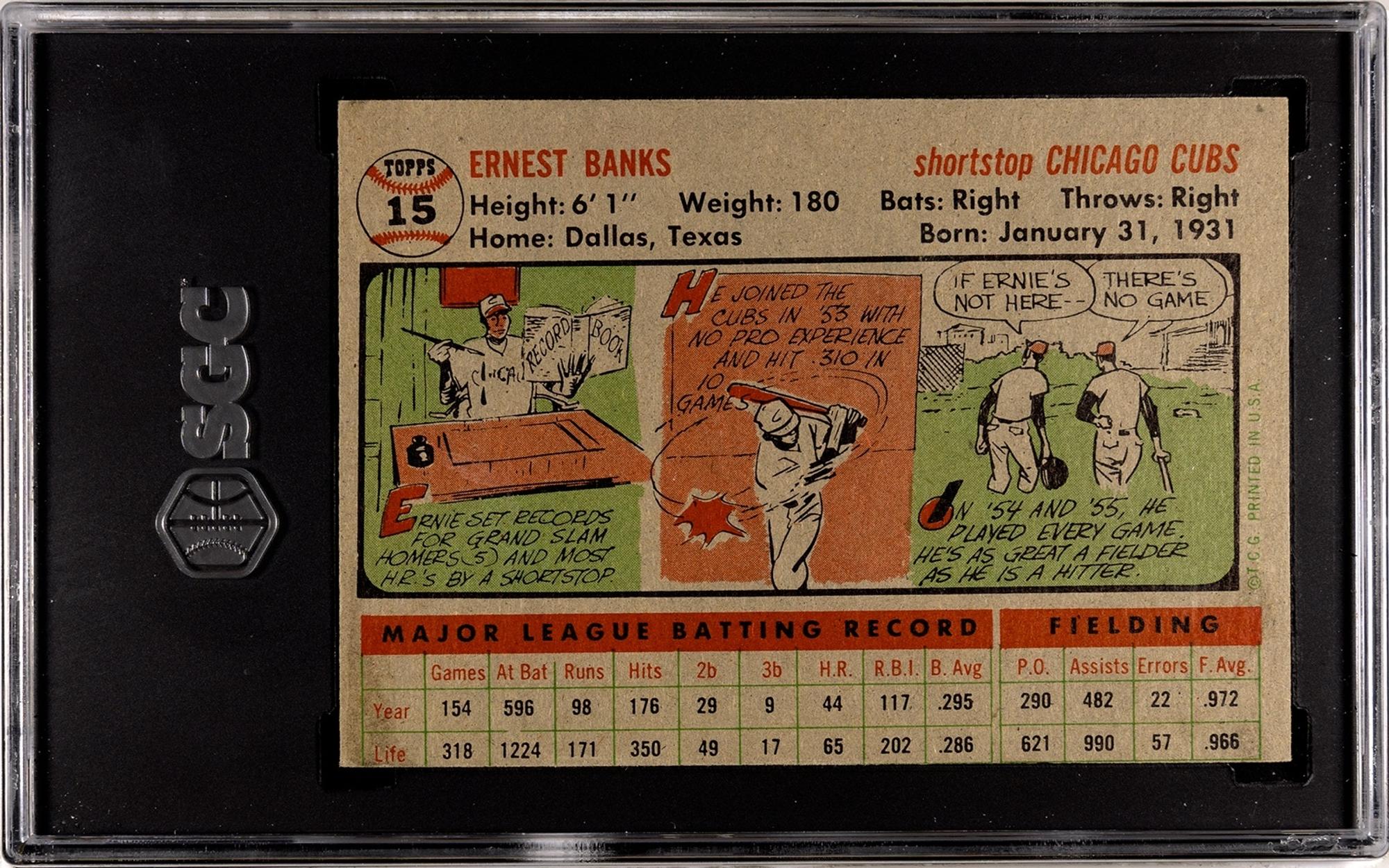 A 1956 Topps Ernie Banks Baseball Card No. 15 Gray Back (SGC 4.5 VG-EX+)