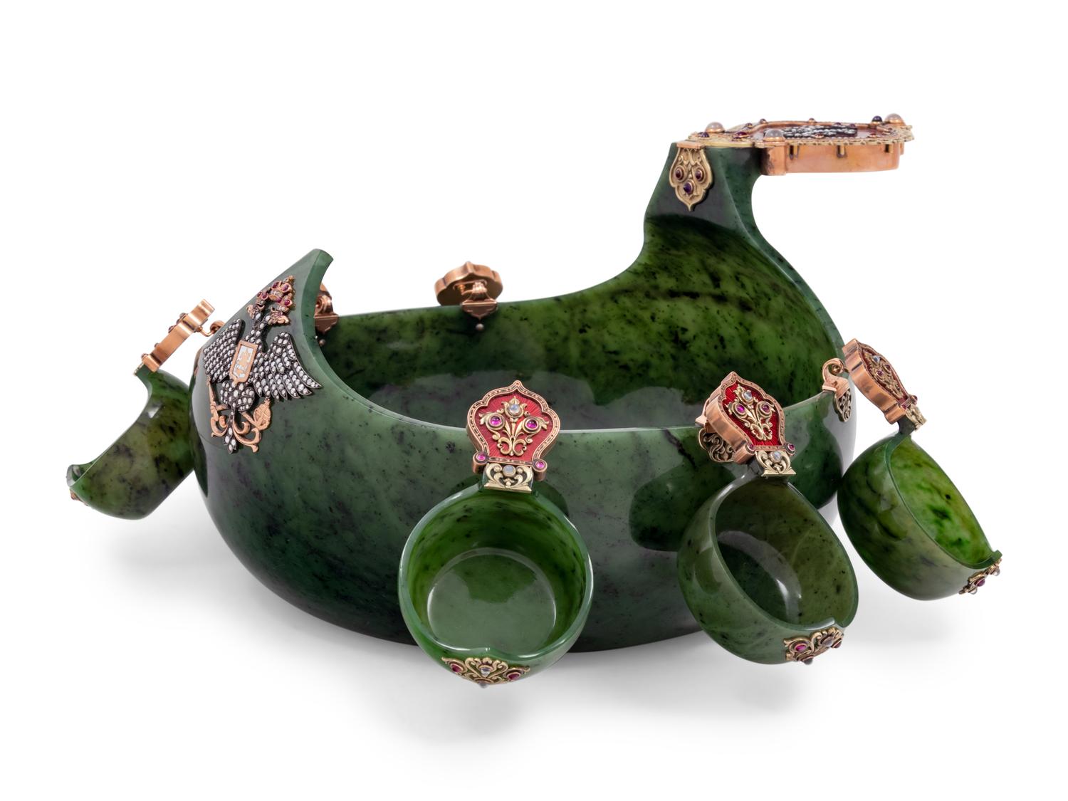 A Large Russian 14-Karat Gold, Enamel and Gemstone Mounted Spinach Jade Kovsh-Form Punch Service