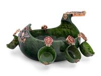 A Large Russian 14-Karat Gold, Enamel and Gemstone Mounted Spinach Jade Kovsh-Form Punch Service