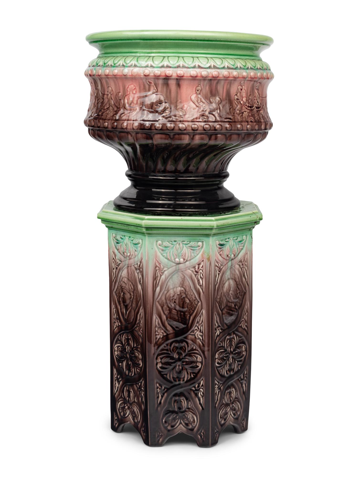 A Continental Majolica Jardinière and Pedestal
