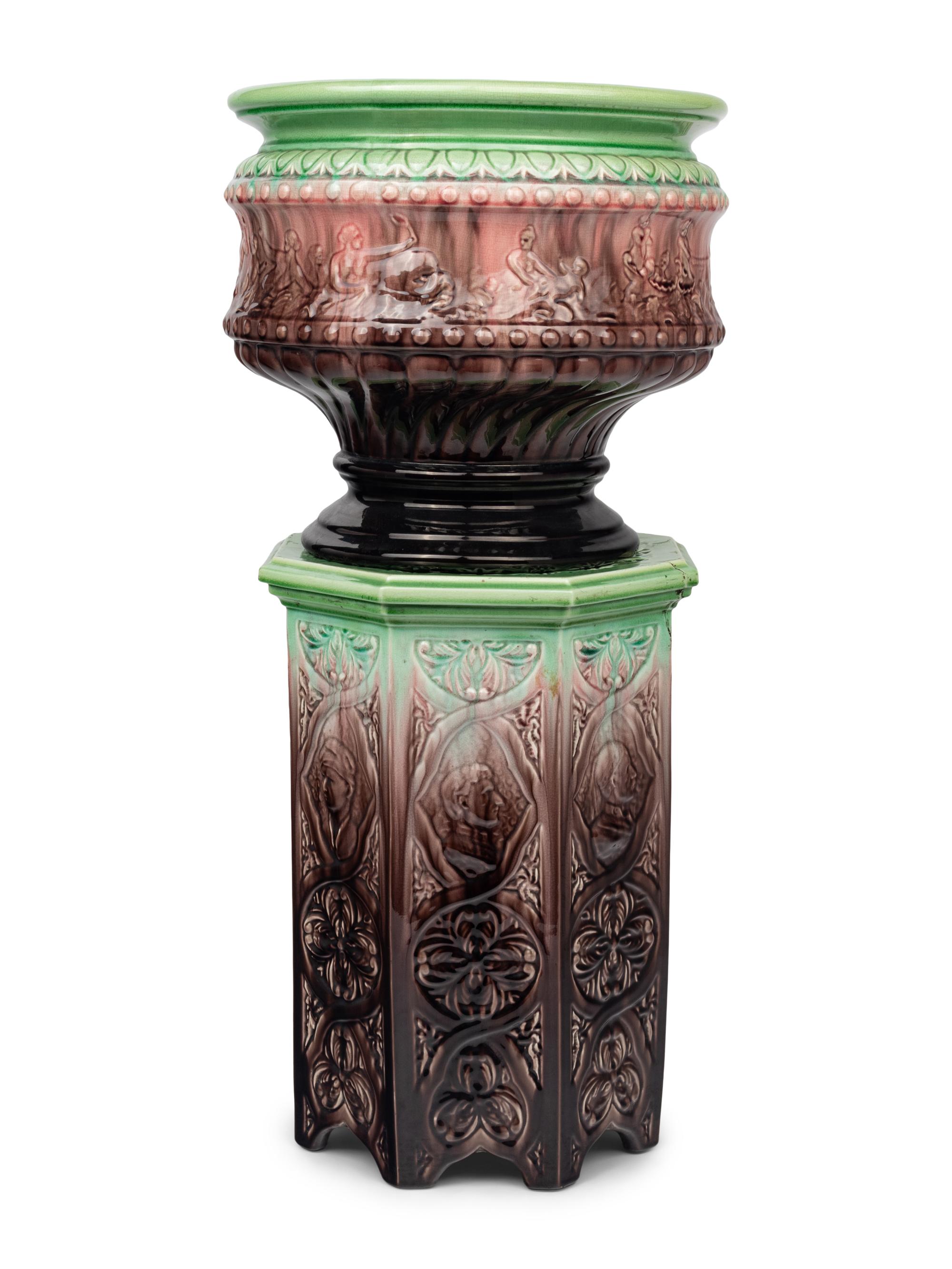 A Continental Majolica Jardinière and Pedestal