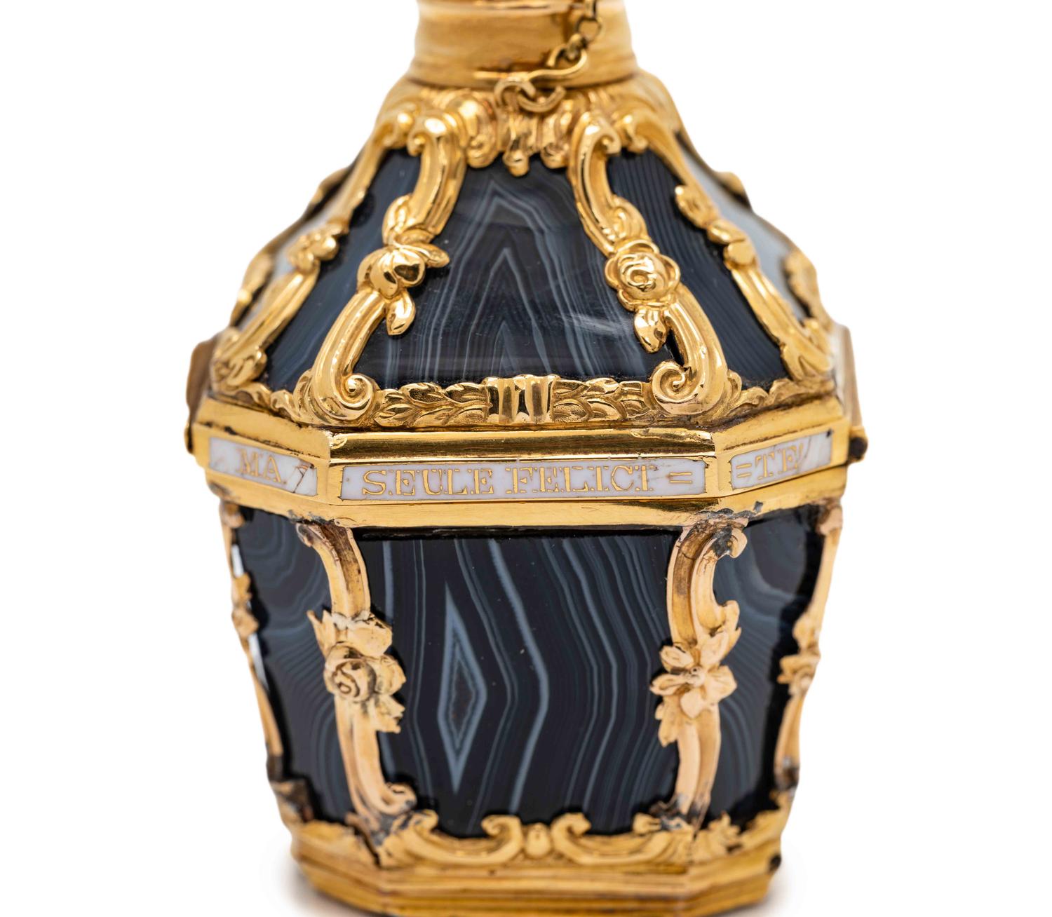 A George III Gold-Mounted Agate and Enameled Scent Bottle, Snuff Box and Patch Box