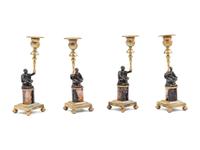A Set of Four Gilt Metal and 'Blue John' Figural Candlesticks